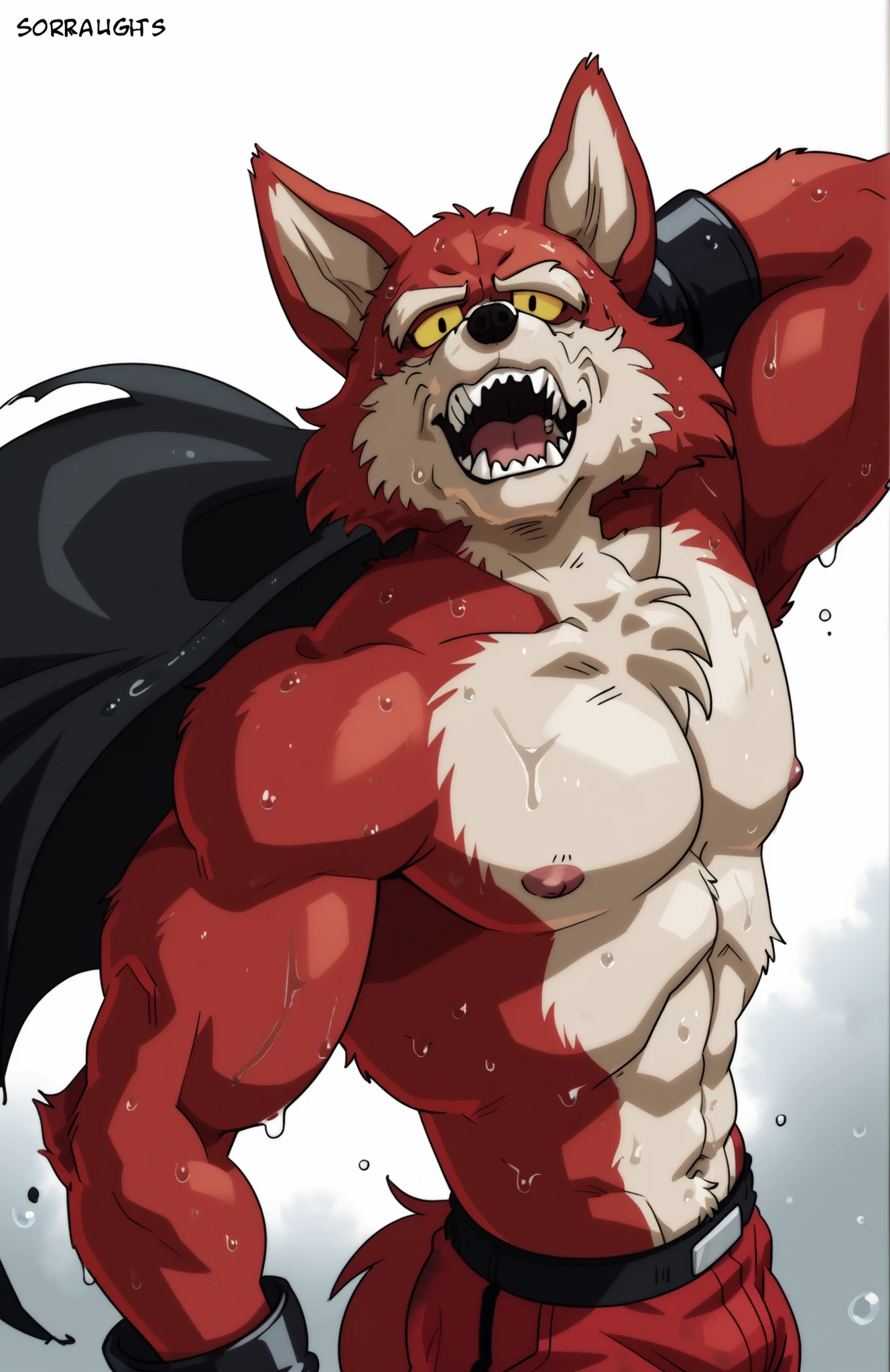 BasilDBS, yellow sclera, red body, red fur, wolf, tail, black scarf muffler, black gloves, black nose, wolf ears, sharp teeth, fangs, furry, anthro, masculine, tough face, detailed face, very muscular, heavyweight, athletic body, (ripped:1), topless, wet fur, ((sweaty body)), above tighs, solo, looking at viewer, exhausted, flexing, (flat color, wfa style, soraawolf style), (white background)