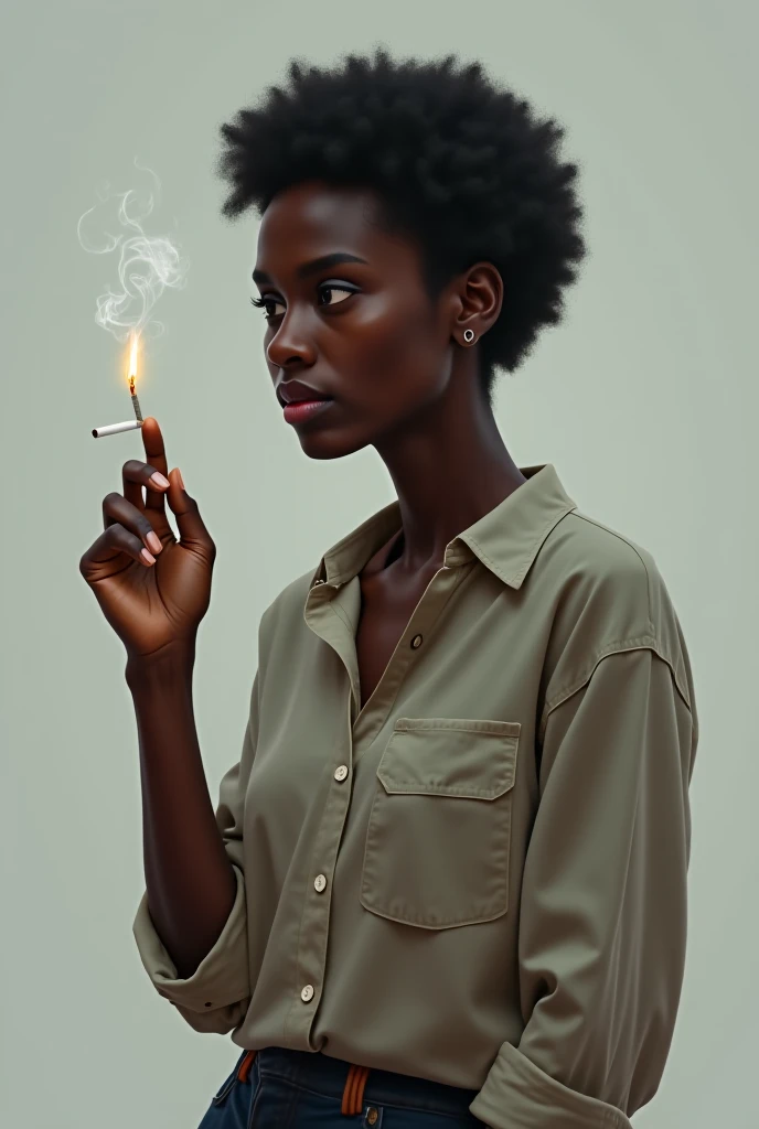 Make a sad black woman who is straightening her hair with an electric flat iron
