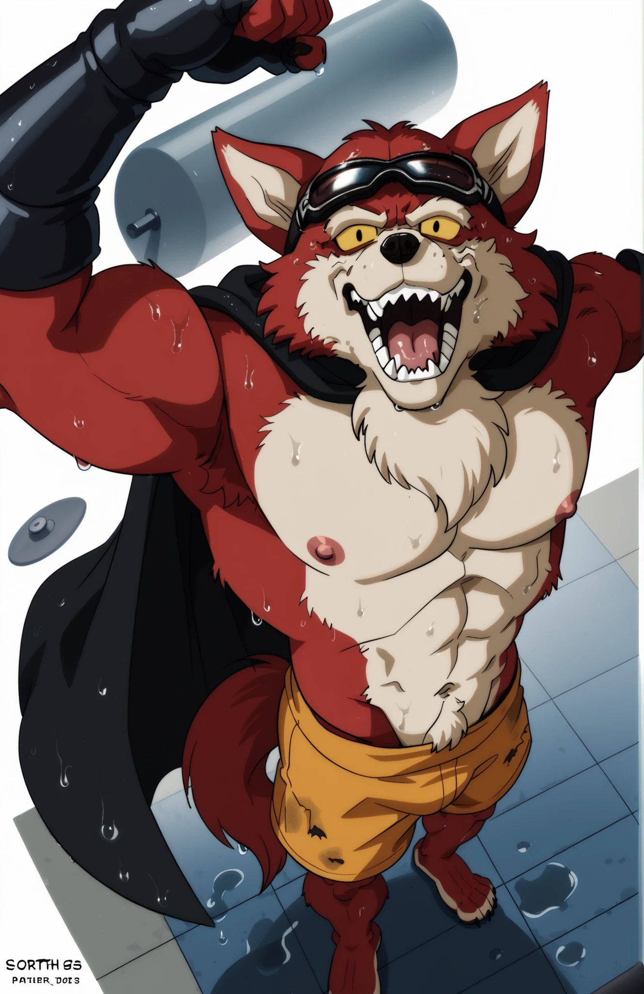 BasilDBS, yellow sclera, red body, red fur, wolf, tail, black scarf muffler, black gloves, black nose, wolf ears, sharp teeth, fangs, furry, anthro, masculine, tough face, detailed face, very muscular, heavyweight, athletic body, (ripped:1), topless, wet fur, ((sweaty body)), above tighs, solo, looking at viewer, exhausted, flexing, (flat color, wfa style, soraawolf style), (white background)