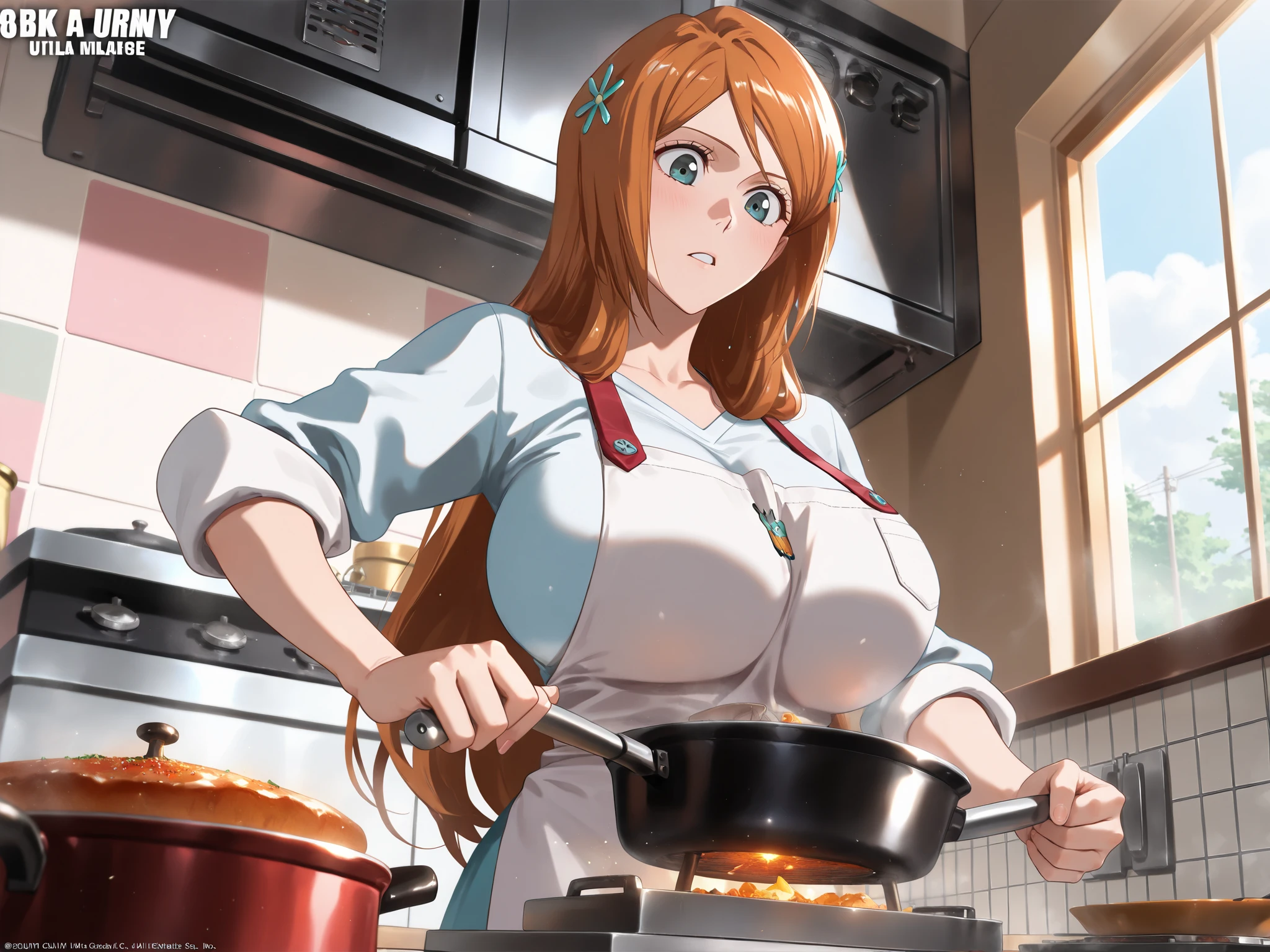 ((Masterpiece,  best quality ,  highly detailed CG,  8k Unity Wallpaper)),(Masterpiece, best quality, Official Art, beautiful), Very vivid,High-precision images,Ultra high resolution, beautiful quality and attention to detail, 1 female, inoue orihime, white approne, cooking stew, in kitchen, tempting expression, looking down