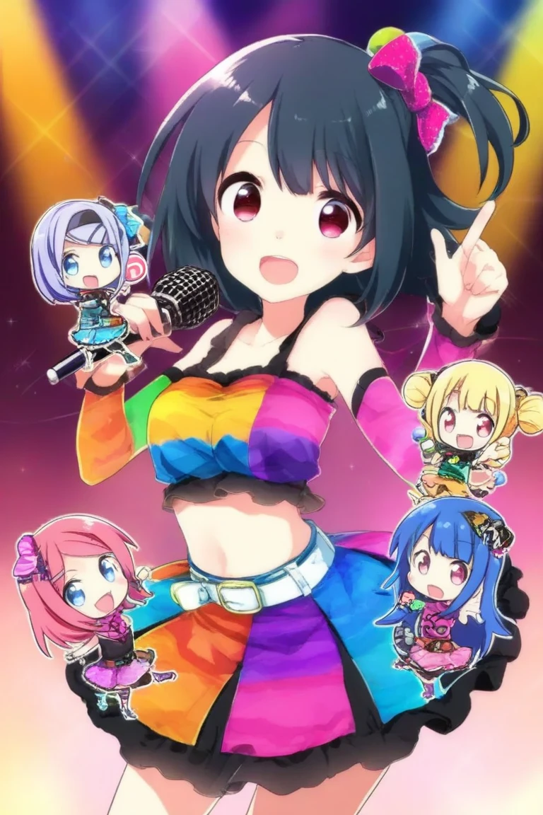 Group of 5 girls chibi style from pop star , the 5 girls wear colorful lollipop outfits and each hold a microphone while dancing , The scene is bright and colorful .