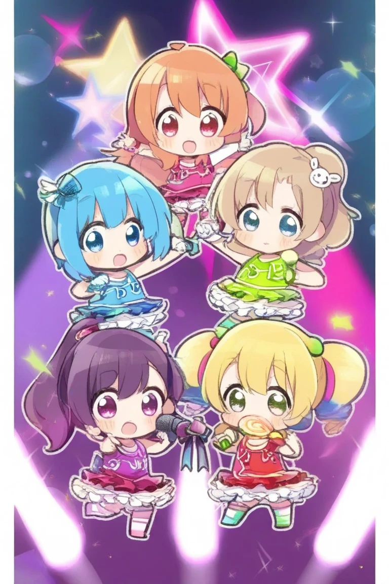 Group of 5 girls chibi style from pop star , the 5 girls wear colorful lollipop outfits and each hold a microphone while dancing , The scene is bright and colorful .