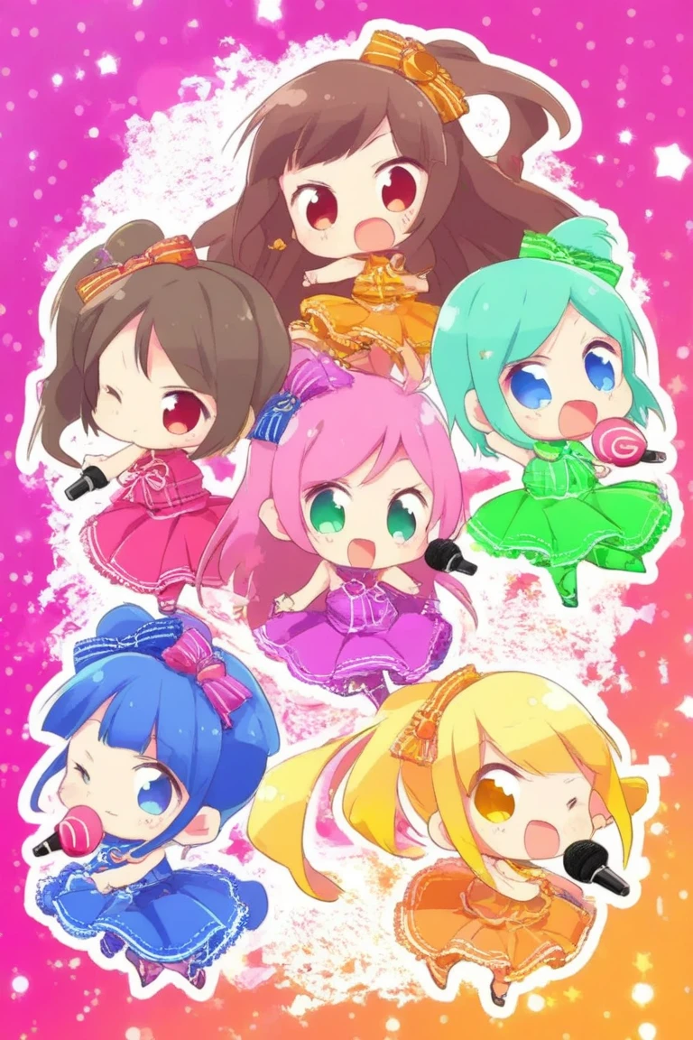 Group of 5 girls chibi style from pop star , the 5 girls wear colorful lollipop outfits and each hold a microphone while dancing , The scene is bright and colorful .
