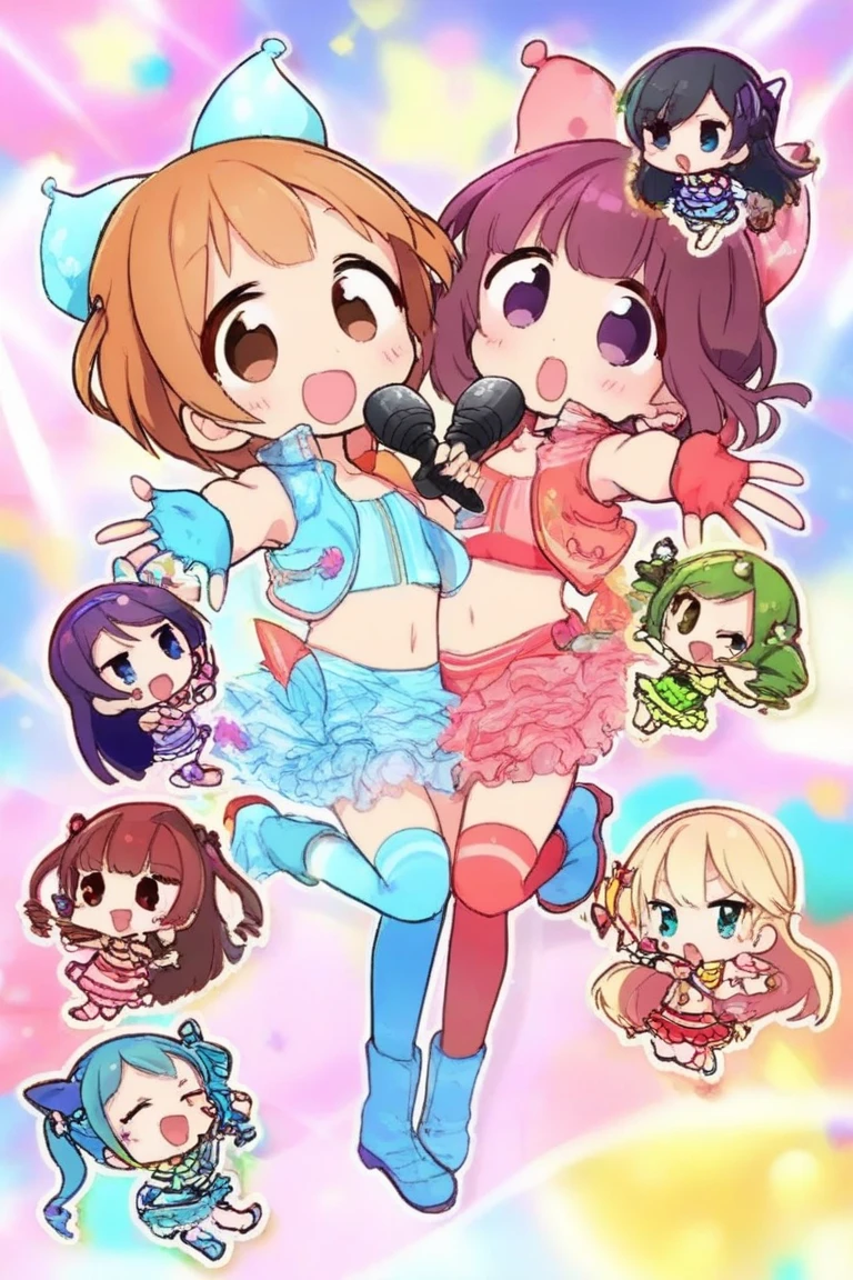 Group of 5 girls chibi style from pop star , the 5 girls wear colorful lollipop outfits and each hold a microphone while dancing , The scene is bright and colorful .
