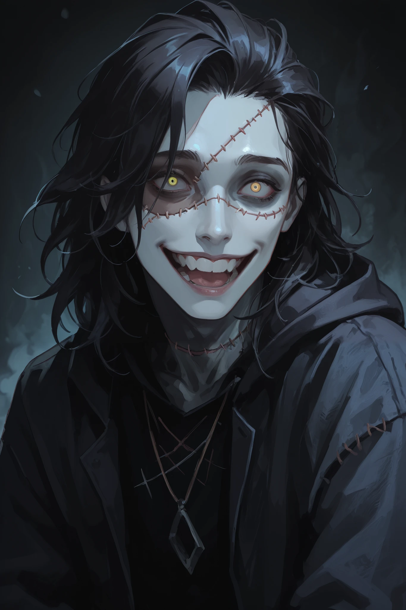 A ghostly man with stitches from a big smile