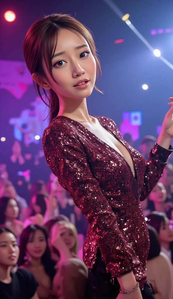 Inside the nightclub、Taken in front of the red light、Photographed by a friend、Highly detailed face and skin texture、Highly detailed lips、The correct state of the human body、Ultra-high resolution、(Photorealistic:1.4)、Highest quality, One beautiful woman, 22 years old, s, 35mm lens、A beautiful dress that shows off your breasts、(Dark brown medium short hair)、Brown Hair、Semi-long Japan woman、(Dark brown hair)、Various poses、Instagram Profile Picture、A little flashy makeup、Exposed Skin、An innocent smile、sake