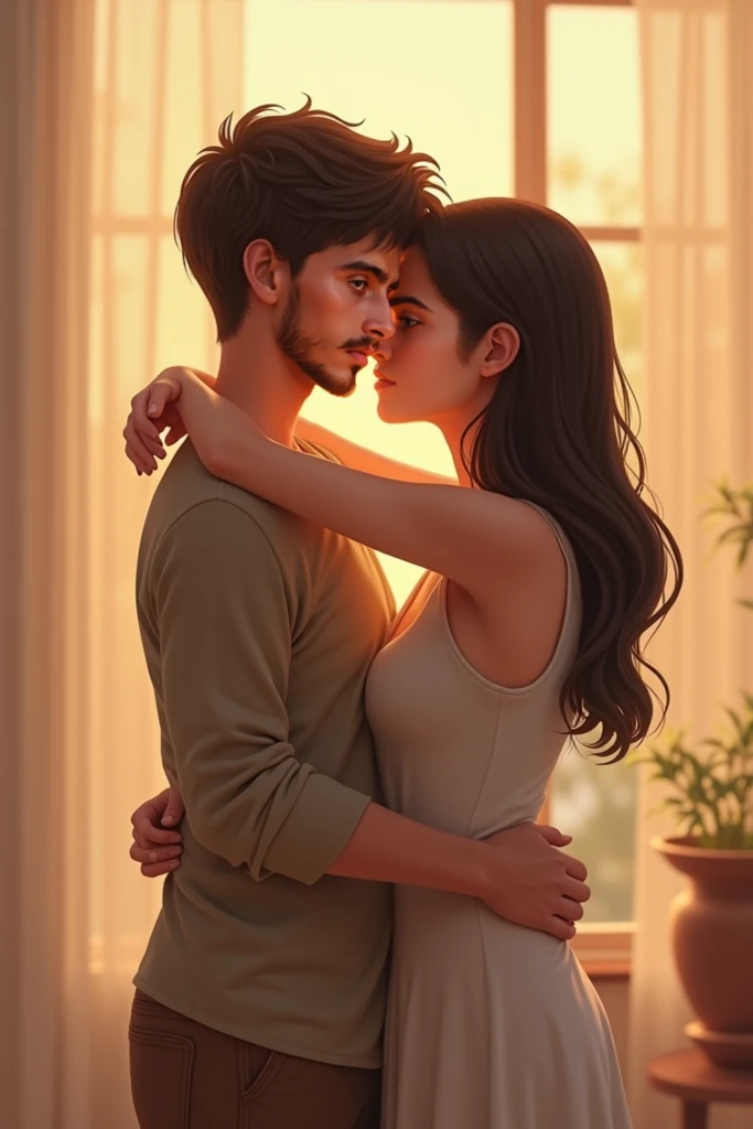 Couple, She is housewife with a curvy body, big cheeks, Perfect big butt, black-open wavy hair with hazel eyes, clear skin, He has straight hair combed upwards and small rectangular glasses, he's wearing light-green with black lines sweatshirt and black pants.