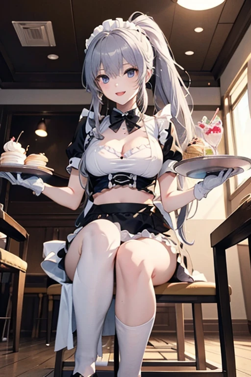 (masterpiece), best quality, expressive eyes, perfect face,1girl,(raiden shogun:0.6),genshin impact,maid,waitress,purple maid costume,cleavage,frilled dress,frilled skirt,curvy,long detached gloves,thigh high stockings,thigh strap,blush,shy smile,cowboy shot,cafe,tray,holding tray,drinks,serving,long hair,ponytail,heart choker,spoken heart