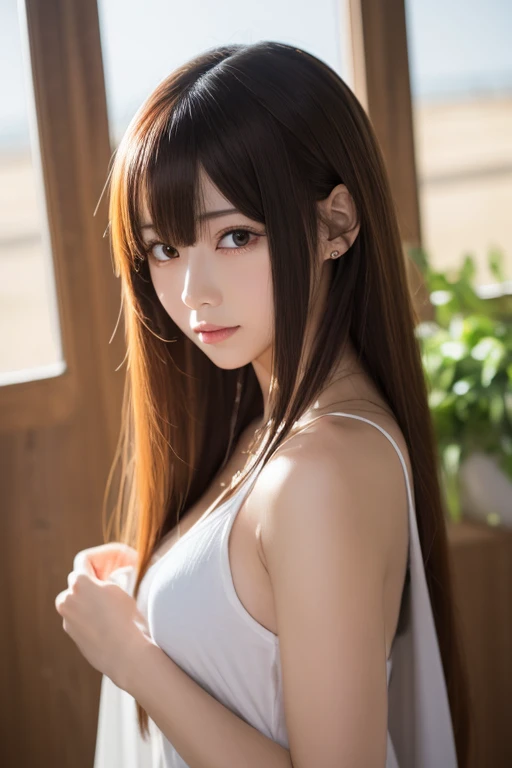 Araved woman with long red hair leaning against the wall, long whitr hair,Thick bangs, Long hair with bangs, lalisa manobal, ulzzangs, Long white hair and bangs, sun yunjoo, Brown hair long,By bangs, long glowing ethereal hair, ilya kuvshinov with long hair, With long hair, With bangs