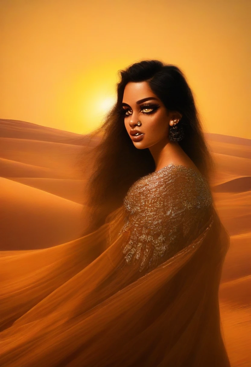 stunning Moroccan woman , detailed face , piercing eyes , full lips , long eyelashes , ornate traditional dress , flowing fabric , desert landscape , sand dunes , warm golden light , cinematic composition , photorealistic , dramatic lighting , painterly style , intricate details
