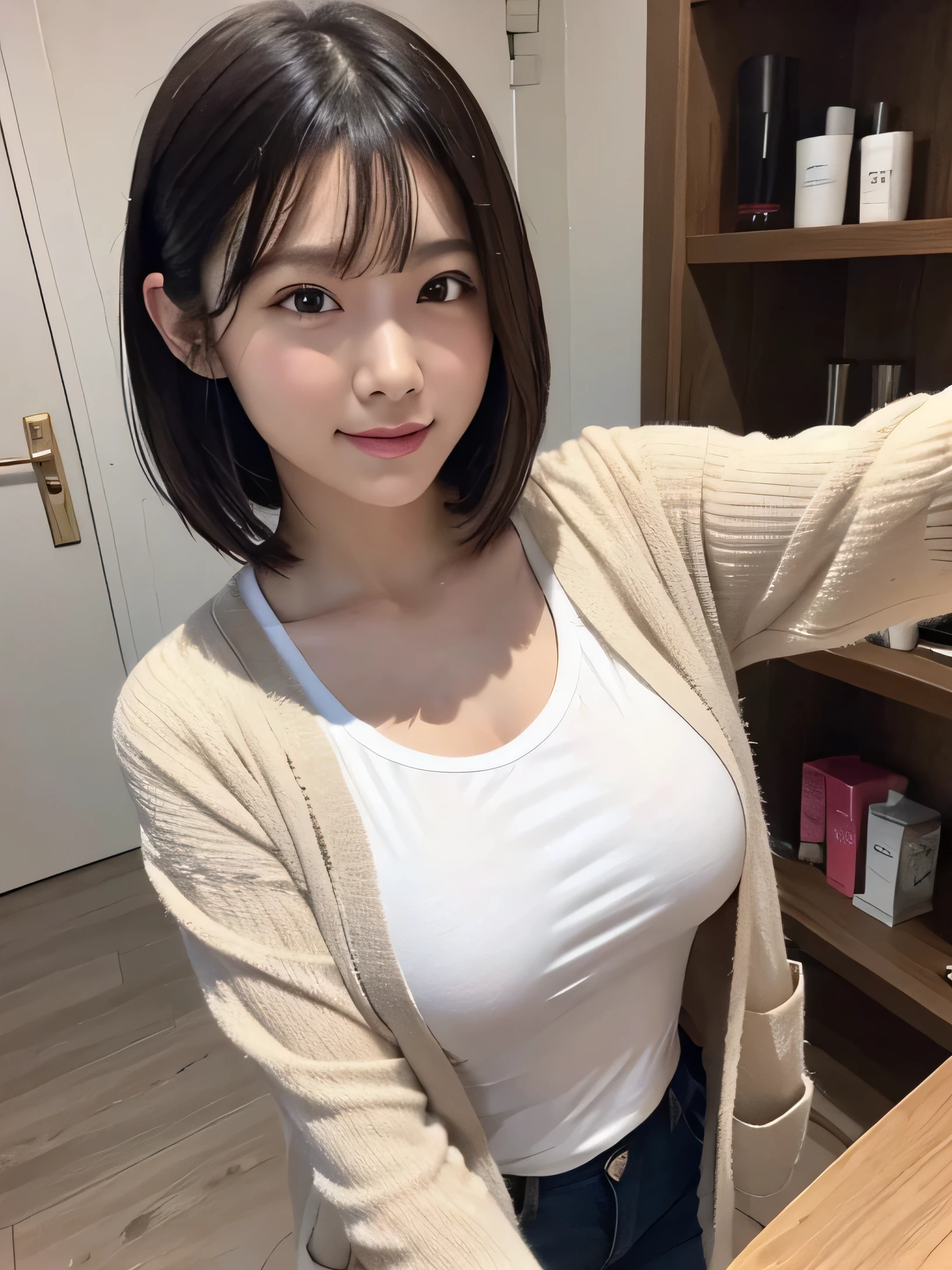 cute 21 year old japanese、night、on the bed、lie in bed、fluffy pajamas、colorful cute pajamas、sexy look、super detailed face、attention to detail、double eyelid、beautiful thin nose、sharp focus:1.2、beauty:1.4、(light brown hair、shortcut) hair、white skin、highest quality、masterpiece、ultra high resolution、(Photoreal:1.4)、
