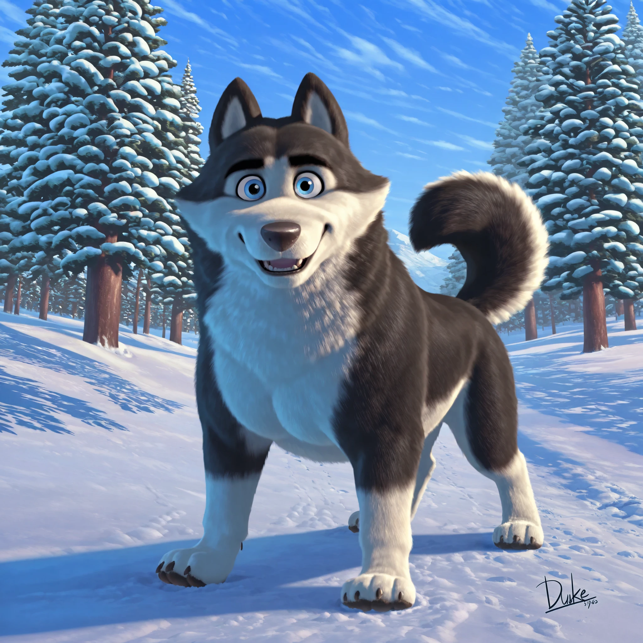 Duke (Arctic Dogs), feral, feral dog, black fur, white fur, standing, looking at viewer, high quality, winter background, snow, (pecs), husky, muscular