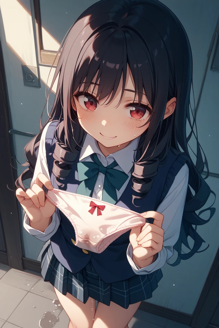 (masterpiece, 4K resolution, Ultra-realistic, Very detailed), girl、、、blazer、Sit on a chair、classroom、Holding pink panties with both hands、smile、Black Hair、Side Ponytail、Brown eyes,holding panties,presenting panties,Perfect Fingers、tie