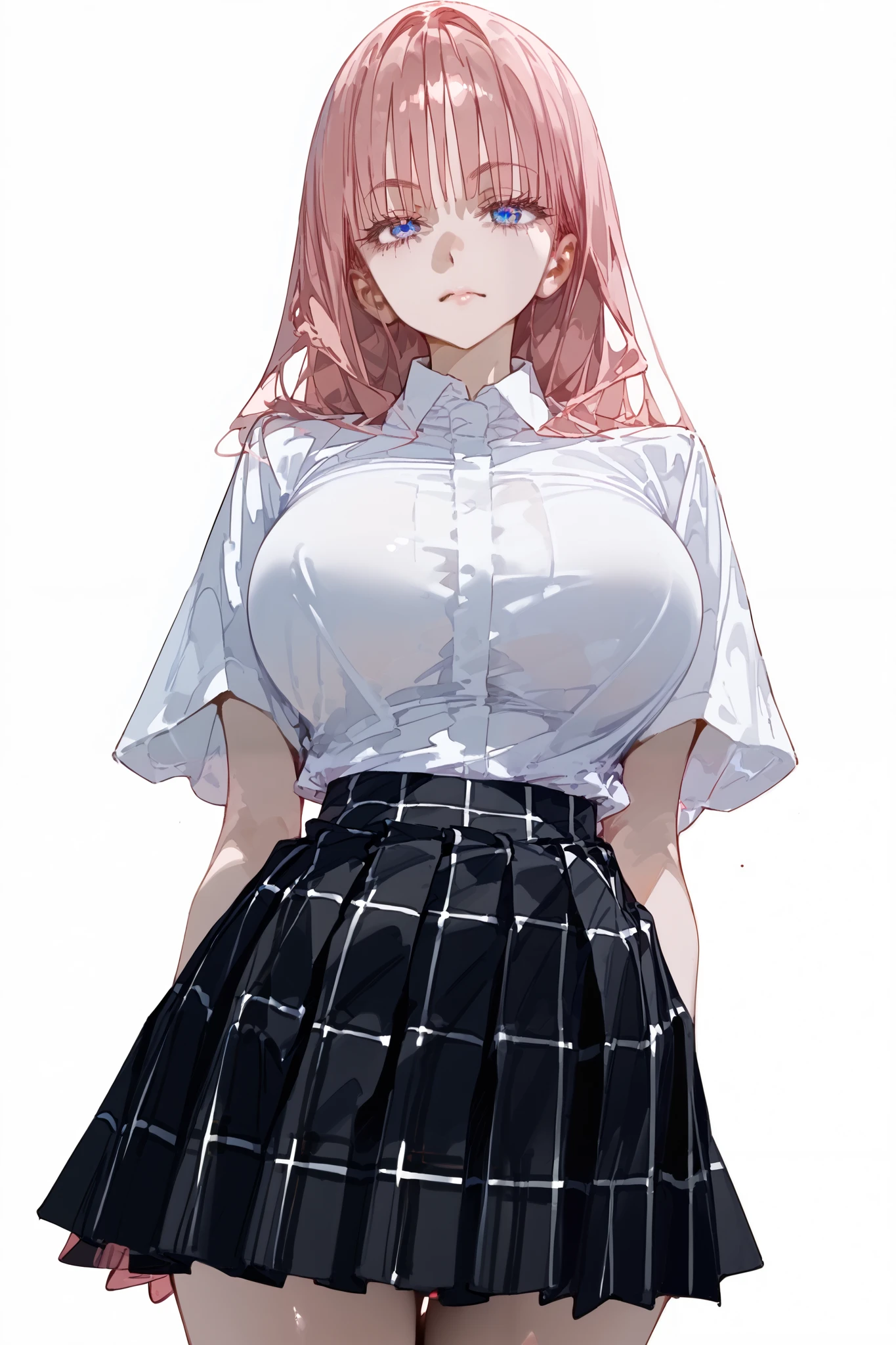 (masterpiece, best quality), 1girl, (long hair, pink hair), (sharp blue eyes, detailed eyes), mature, cold expression, emotionless gaze, slightly furrowed brows, standing, advanced perspective, huge long breasts, wearing a school uniform (tight white shirt, black plaid skirt), (white background, simple background)