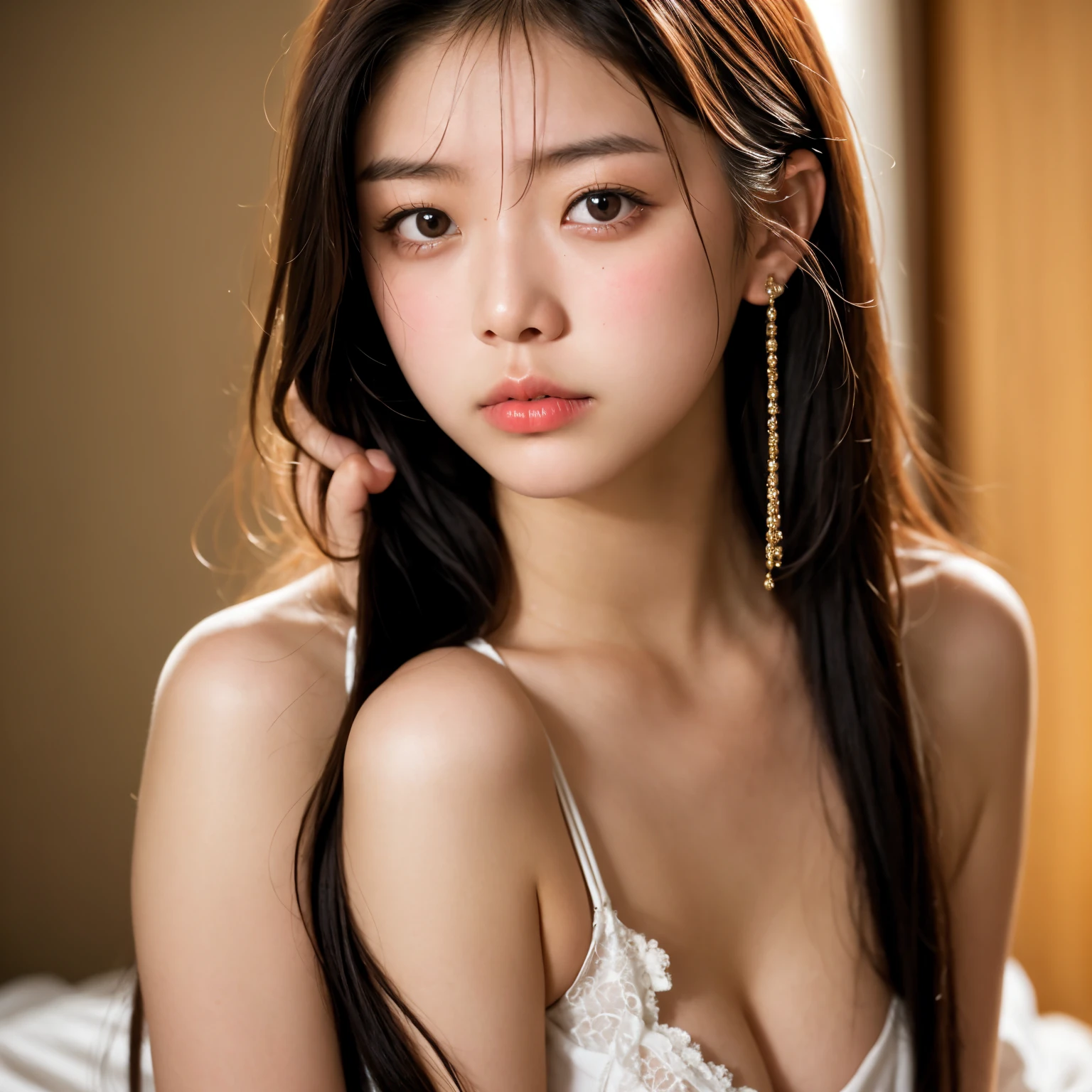 A perfect young female white-collar worker，Chinese，High picture quality，Works of masters，Black hair，Long hair flowing over the shoulder，cropped shoulders，clavicle，exquisite face，Hydrated red lips，Real Human，（ apartment background：1.5），CG rendering，16k, Blurred background, Very detailed, wallpaper, depth of field, movie light, lens flare, Ray tracing, Do not show your hands，Close-up shot