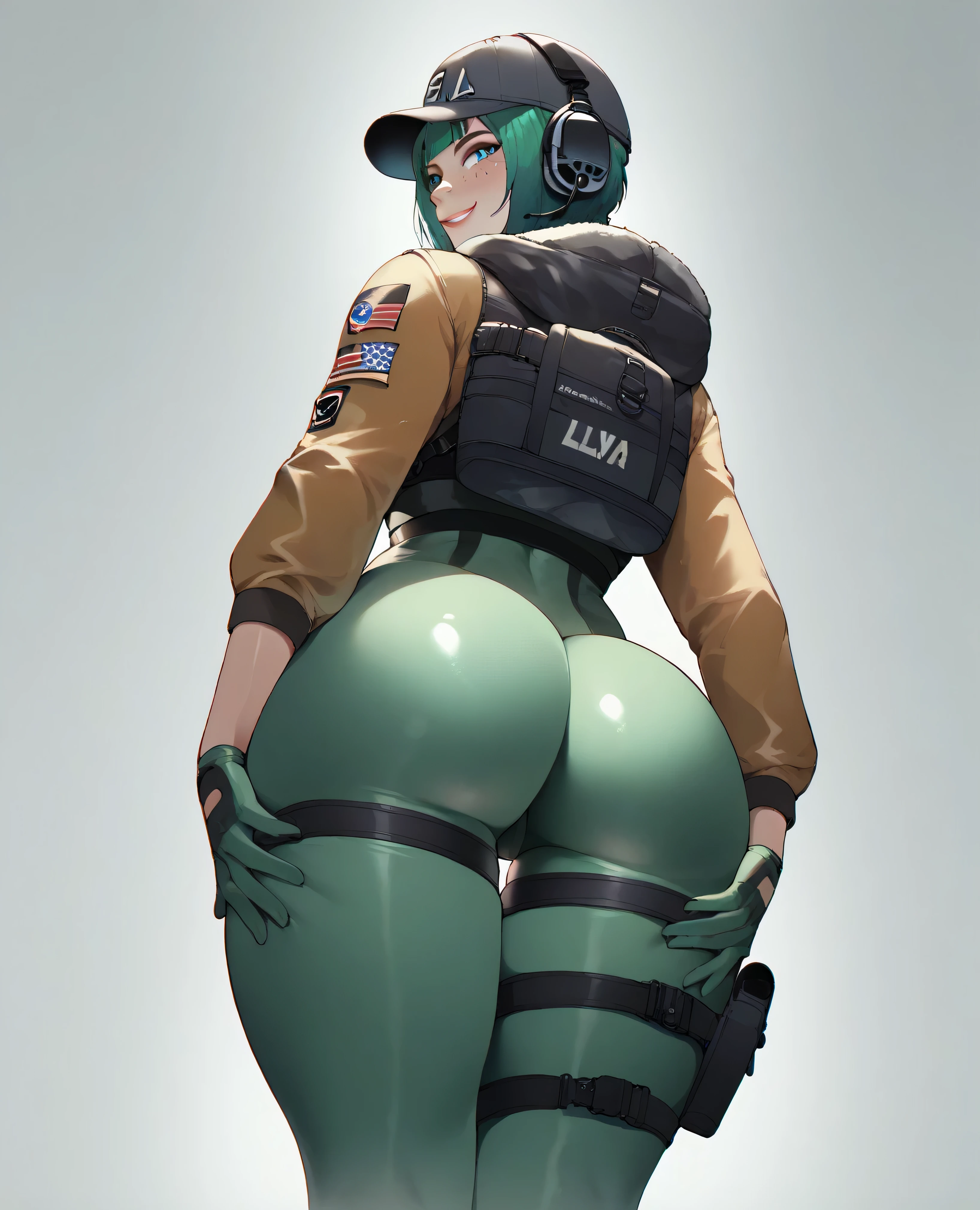 score_9, score_8_up, nsfw, score_7_up,derpibooru_p_95, rindou, masterpiece,   (very wide hips:1.1), thick thighs,1girl, ela, Ela, ela elite \(Rainbow Six Siege\),ela, ela \(Rainbow Six Siege\,black baseball cap, goggles, green hair, blue eyes, headset, smug, smile, superior, freckles on face ,solo, (close up on ass), low angle, (lower body only), cropped upper body, green bodysuit, two tone bodysuit, shiny bodysuit, wearing camouflage jacket, backpack,  simple blue abstract shape background, finger less gloves, skin indentation, thigh holster, narrow waist, ((view from back)), plump ass:1.2, fat ass, ass cleavage, hands on own ass, zPDXL2,