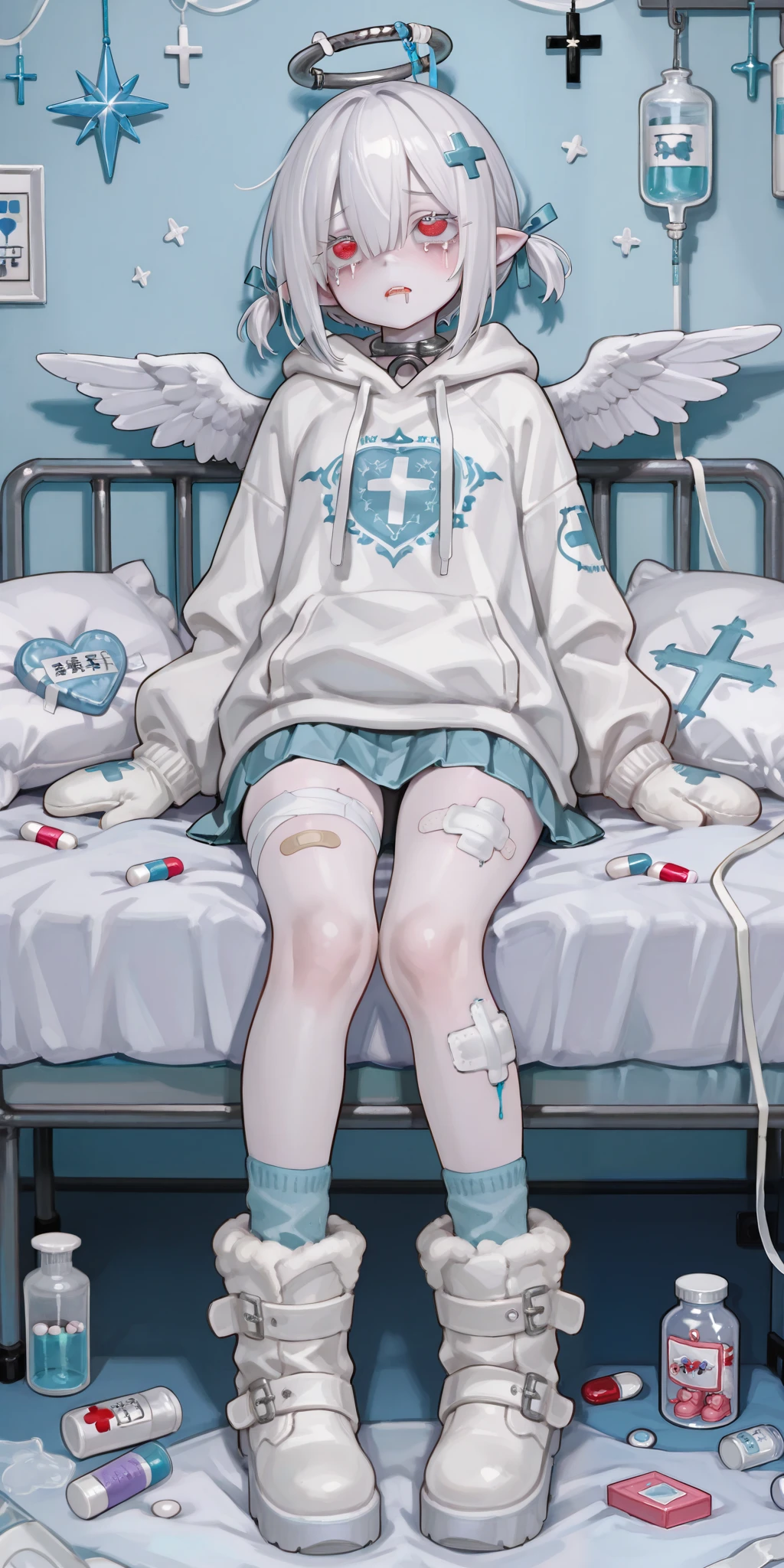 The girl is albino, she has white skin and slightly pointed ears, her eyes are navi blue , and her eyelashes are white. She has short white hair short bob haircut and has small pigtails on the sides of her head. She is wearing a -blue oversized hoodie with long sleeves, white wool mini skirt,blue and white socks and leggings with a set of badges, white ugg boots,mittens,bandages on the thigh. She belongs to the Yamikawaii subculture, so her outfit is decorated with small bandaged wounded angel wings, symbols of medical crosses, eyeballs, hearts, stars, pills,medical bottles, ampoules with medicines, IV drip with tubes ,models of teeth, band-aids, and toy syringes. On the background: a cute pastel babye/lilac medical ward with medical bed surrounded by plush pillows and open empty gift boxes, ribbons hang from the ceiling. she lies on the bed, drooling and crying.