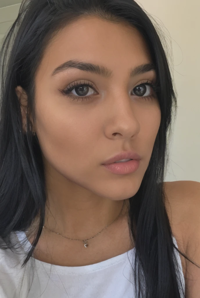 a magnificent young woman in her twenties, with Latino features. She has long, straight black hair that falls loosely over her shoulders. Her face has soft and balanced contours. She has large, well-defined dark brown eyes with long, thick eyelashes and well-arched black eyebrows. His nose is straight and slightly refined, proportionate to his face. Her lips are full and defined, with a natural color, and they are closed, contributing to her neutral expression. Her skin is matte, smooth and without visible imperfections. She makes a selfie and holds in her right hand a visible credit card, detailed face, realistic, photorealistic, portrait, high quality, 8k, ultra-detailed, vivid colors, professional lighting, natural lighting