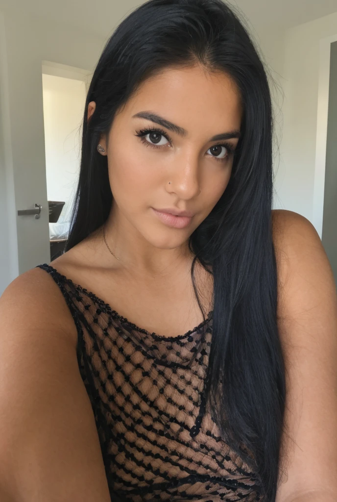 photo of young woman, beautiful, black hair, the mother, latina, medium breasts, perfect breasts, gordibuena, chubby, Red lips, topless, good butt