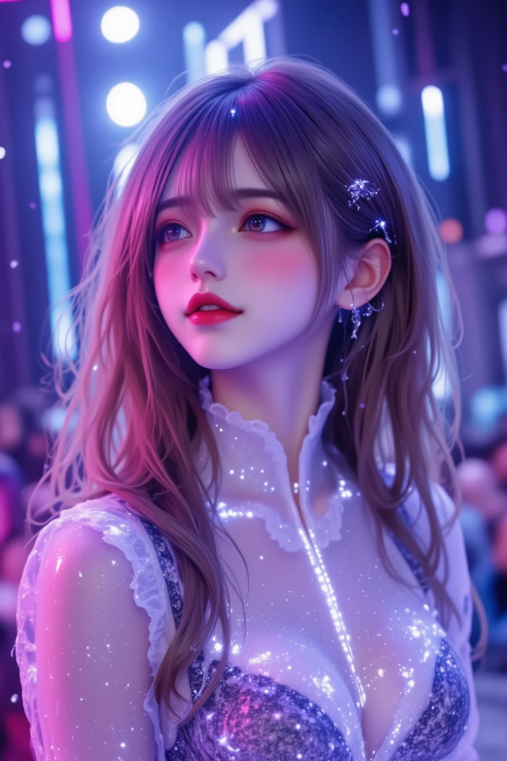 Photorealistic,best quality, highres, ultra-detailed, BREAK,hologram concert, virtual singer girl, ((Whole body translucent)),upper body only, waist-up projection,futuristic stage setup, neon lights, digital particles floating, Headset Microphonses, (very cute pose:1.5),(korean idol pose:1.5),dynamic pose,(very cute big smile),looking away, vibrant lighting effects, audience lights in background, immersive virtual atmosphere, sci-fi concert hall, BREAK,physically-based rendering, extreme detail description, professional,