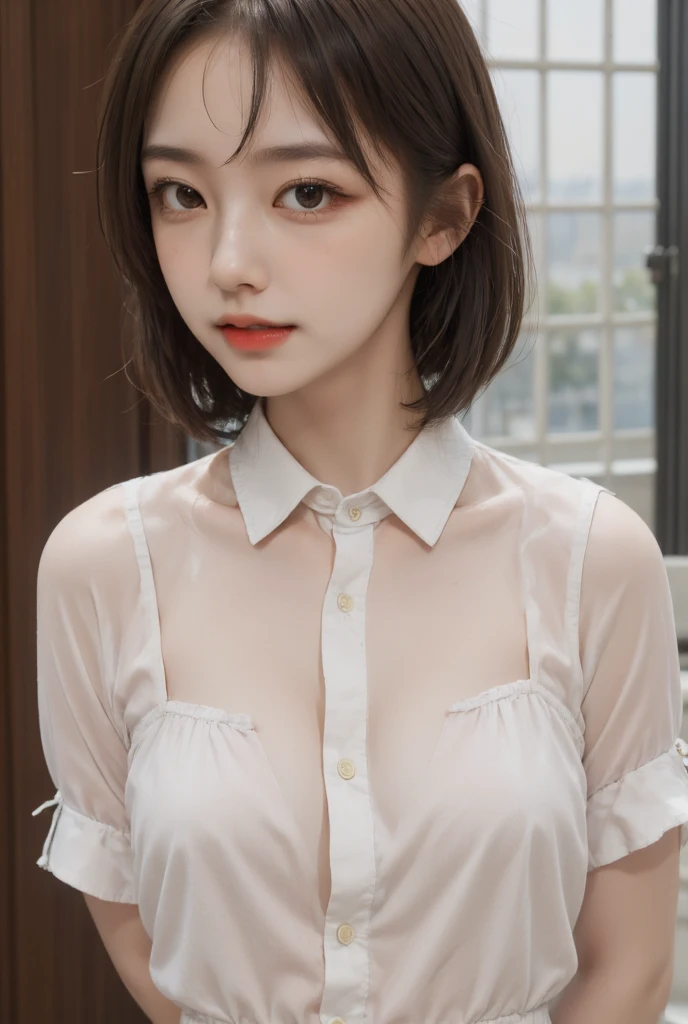 highest quality、Ultra - High resolution、(realistic)、18 year old girl、short hair、All Back Hairstyle、((((Blouse Open))))、((((I can see the nipples)))),hyper detail、超realistic、(Photoreal)、Detail beautiful skin、(masterpiece:1.0)、(highest quality)、(Super high resolution)、8K resolution、Canon EOS R5、135mm、absurd、super detailed、sharp focus、fine skin texture、(((Chirarism)))