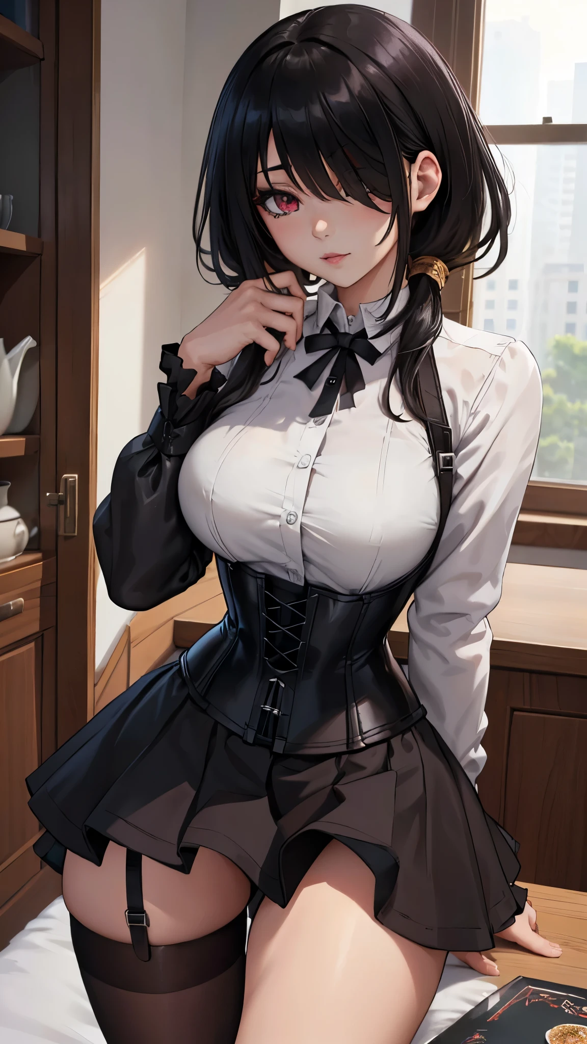 ((Highest quality)),(超High resolution),(Very detailed),(Detailed Description),((The best CG)),(masterpiece),Ultra-detailed art、(Highest quality、8k、32K、masterpiece)、(Realistic)、(Realistic:1.2)、(High resolution)、Very detailed、Very beautiful face and eyes、1 female、Tight waist、Delicate body、(Highest quality、Attention to detail、Rich skin detail)、(Highest quality、8k、Oil paints:1.2)、Very detailed、(Realistic、Realistic:1.37)、Bright colors、
((Straight ponytail、The bangs are straight and fall on the forehead、Black Hair))、 Light skin tone、Smooth and healthy skin、
""tops:
White blouse with red ribbon tie bottoms:
Checkered pleated skirt（Navy and red tartan check）
accessories:
Simple stud earrings Slim watches（silver）
shoes:
Black loafer detail:
Blouse with lace trim at neckline and cuffs:1.3 Background: School corridor、Commuting to school、or((Summer natural scenery))""