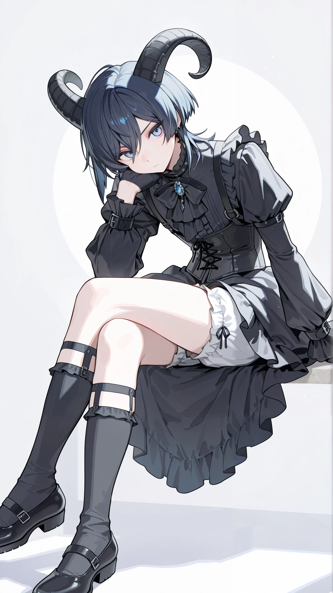 Crossed legs, Sitting, Male focus,Best Quality, Masterpiece, adult male, (8K, Best Quality, Masterpiece:1.2), Ultra Highres, Intricate Details, Gothic, 1boy, (beautiful face:1.2), frilled shirt, (bloomers:1.2), corset, bondages, simple background, bob hair, puffed sleeves, solo, black shirt, mullet hair, punk, Prince, androgynous, Gothic, blue eyes, goat horns, jumpsuits, black hair with blue hair tip highlight, half palm gloves, heeled dress shoes, knee socks, Sock Garters, white bloomers