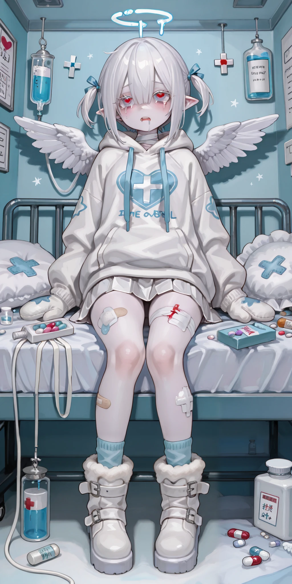 The girl is albino, she has white skin and slightly pointed ears, her eyes are navi blue , and her eyelashes are white. She has short white hair short bob haircut and has small pigtails on the sides of her head. She is wearing a -blue oversized hoodie with long sleeves, white wool mini skirt,blue and white socks and leggings with a set of badges, white ugg boots,mittens,bandages on the thigh. She belongs to the Yamikawaii subculture, so her outfit is decorated with small bandaged wounded angel wings, symbols of medical crosses, eyeballs, hearts, stars, pills,medical bottles, ampoules with medicines, IV drip with tubes ,models of teeth, band-aids, and toy syringes. On the background: a cute pastel babye/lilac medical ward with medical bed surrounded by plush pillows and open empty gift boxes, ribbons hang from the ceiling. she lies on the bed, drooling and crying.