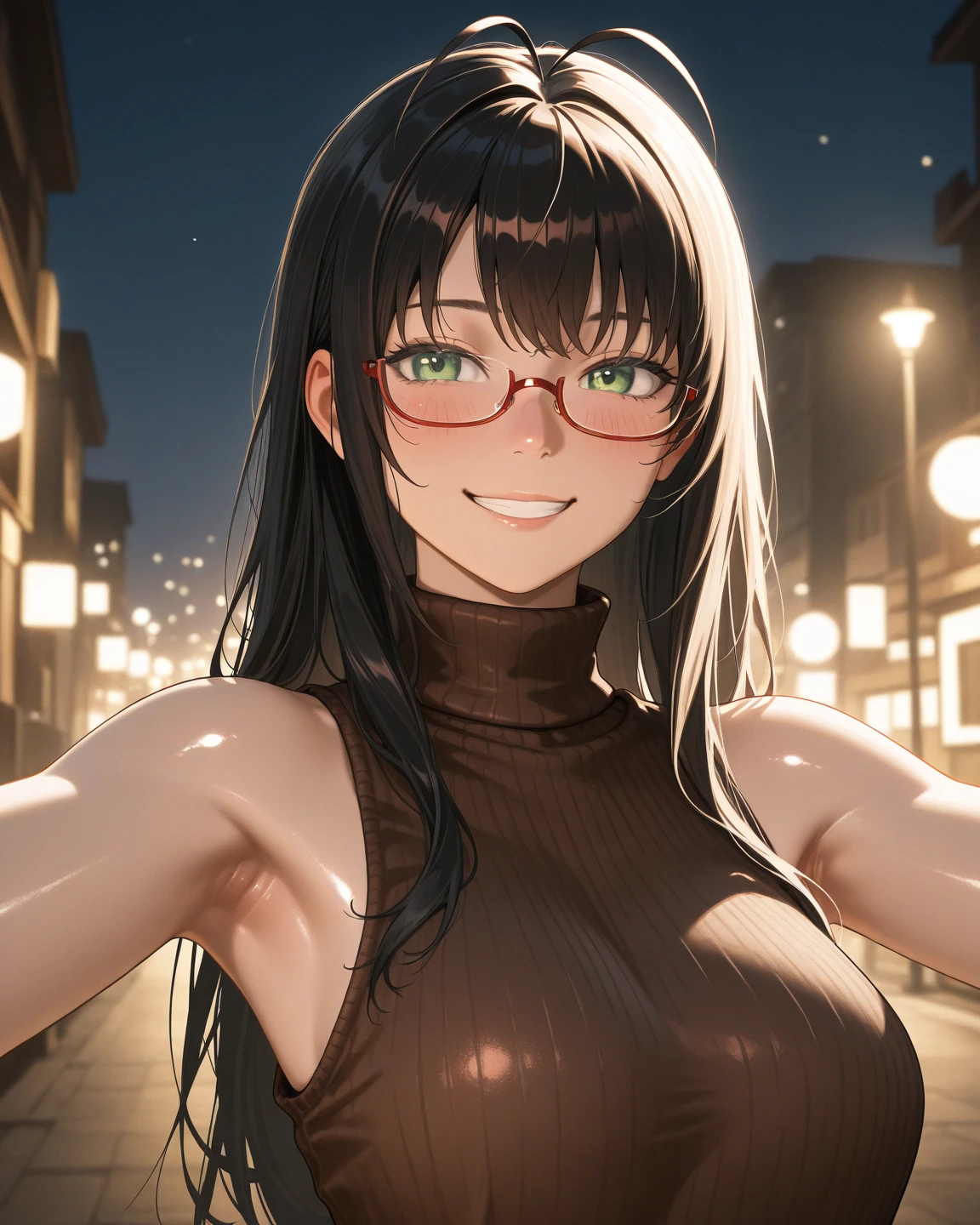 (high quality, High resolution, The finer details), Sidewalk, Side view, alone, girl, Braided Hair, , Sparkling eyes, (large round frame glasses), (Fine grain), big breasts, ((A kind smile)), blush, Sweat, Oily skin, (Focus plane), Shallow depth of field