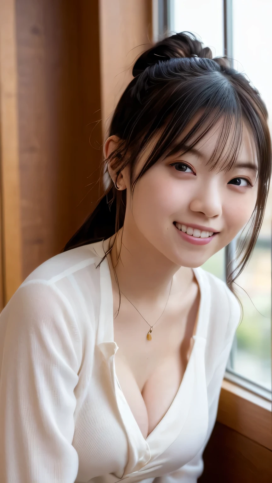 masterpiece,best quality,(Japanese ),((Beautiful girl)),cleavage,indoor,(perfect body beauty:1.2),(shy smile),beautiful teeth,