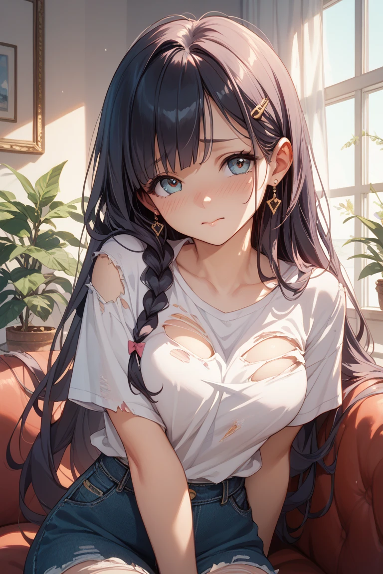 tan skinned anime woman wearing a cami top and jeans, famished in hunger, (necklace), (gently resting hands on stomach), (sweating), (lying down), (long hair), (hands on stomach)