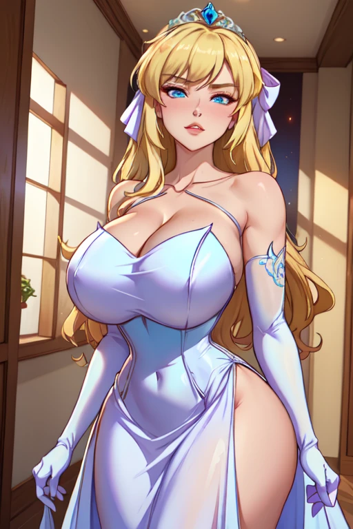official art, masterpiece, sharp focus, (beautiful gorgeous cute woman:1.3), (beautiful cute:1.3) beauty, Delicate and beautiful hair and eyes and face, realistic, ultra detailed, beautiful girl, glow white particle, (sidelighting:1.2), slender, Lovely, (massive gigantic breasts:1.2), ((pink areolas)) (underboob), (sideboob), and very large hips, smile with teeth, ((smile with eyes, open both eyes)), posing inside a church, long straight blonde hair, sexy facial expression, dynamic hair, glow blue eyes, (wearing tiny micro undersized tight (transparent) insufficient barely covering white bride lingerie), ((functionality nude)), open legs,  ((cameltoe)), white long socks, pale skin, hair ornament,