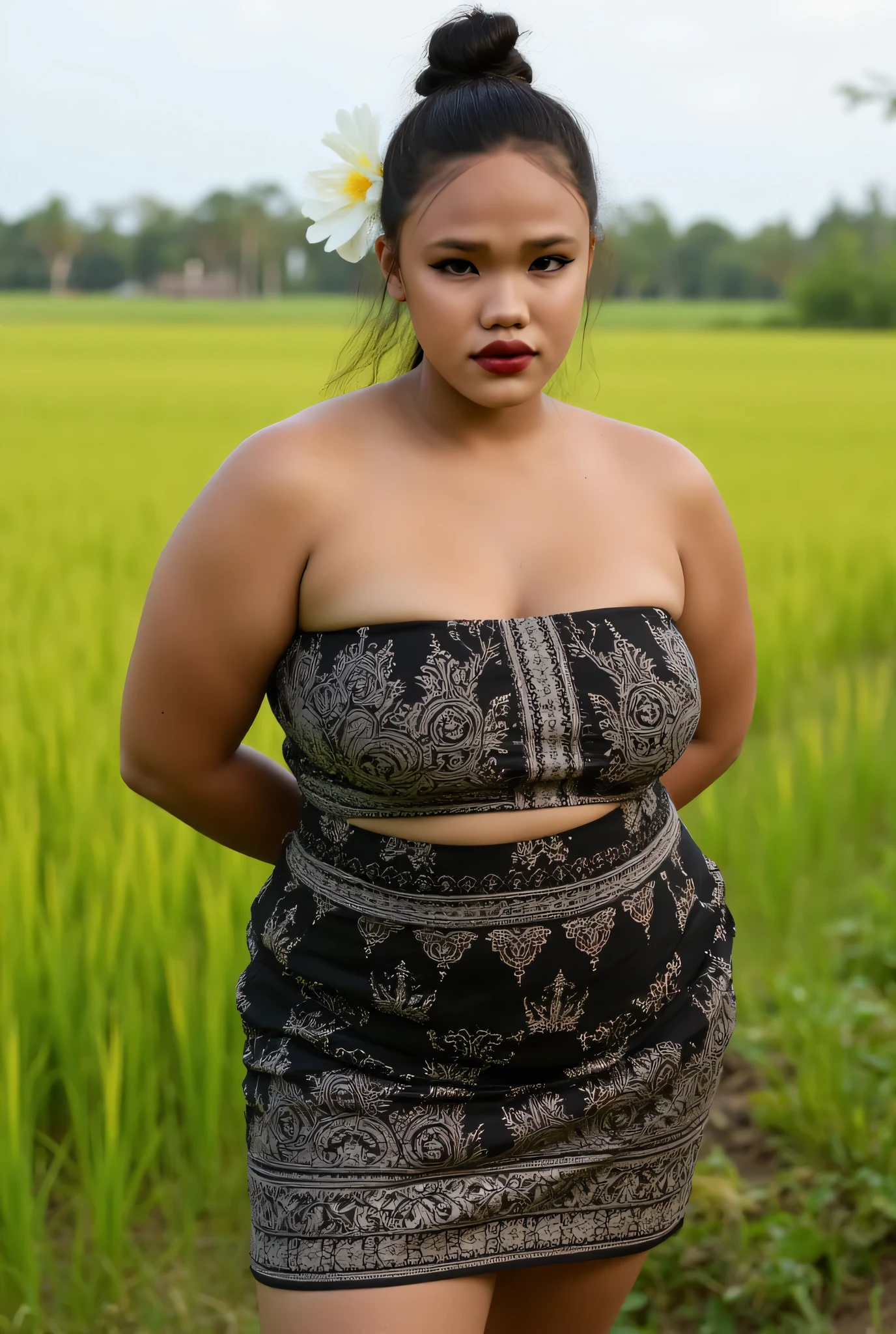 (hyperrealistic photo), exotic indonesian woman, plump, natural big breasts, a jasmine flower on her ear, tied bun hair, knee-lenght batik tubedress with intricate javanese details, looking at the viewer, natural light, wide angle full-body shot, indonesian rice farm in the background,