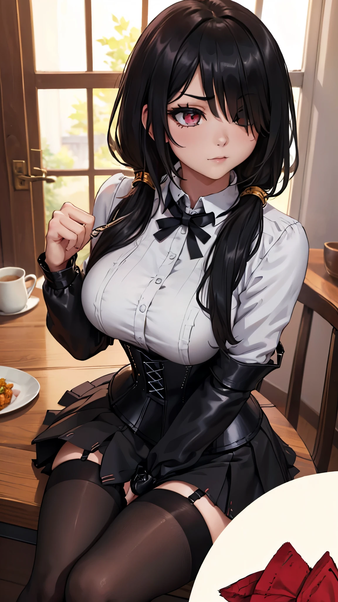 ((8K)), ((Chef d'oeuvre )), Kurumi Tokisaki, live quote , ((seen from above)), collar:1.6, ((comforter against her panties)), (pantyhose), ((Base gray )), Big Breasts, ((Base gray )), ( very high image quality ), (jewelry), ( Fine, detailed eyes and detailed face:1.3), (extremely fine and beautiful:1.1), (perfect details:1.1), KurumiBlack , hair over one eye, low pigtails, hair tie, ((long sleeve white shirt)), black gloves , (black leather corset), (( short black skirts )), elegant dining room