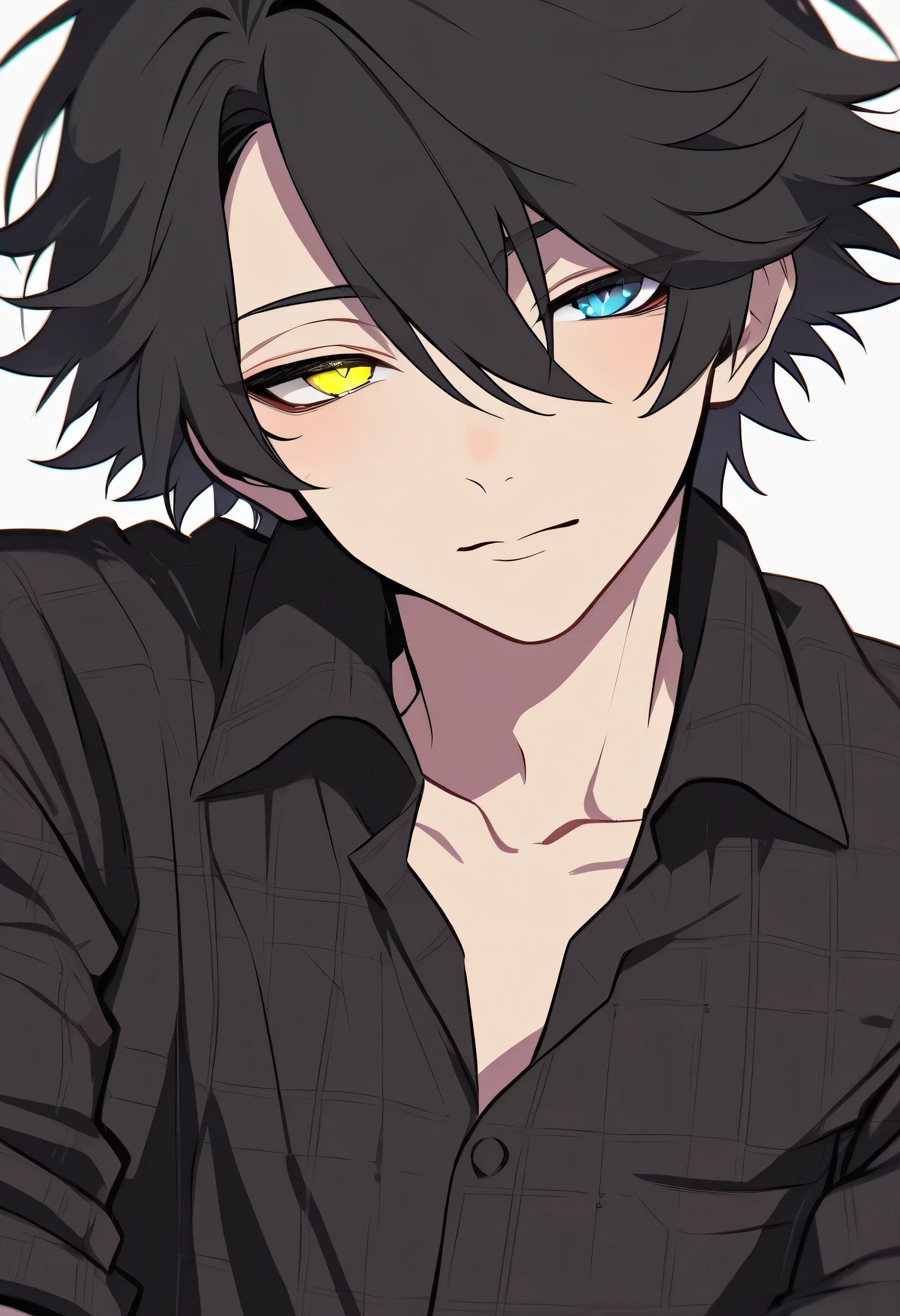 Male + black hair + heterochromia iridum (right eye is green + left eye is yellow) + black flannel + solo + adult + face shot + bedroom background