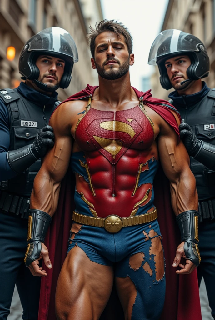 Detailed background, masterpiece, best quality, 18 year old male supervillain in low rise red panties, bare chest, body hair, muscular, sexy man, 1 man, 1 boy, apocalyptic skyline, burning buildings, walking, short black middle part hair, cape blowing in the wind, seductive glare, full body, lit by orange sunlight, red body armor, red knee high boots, red gloves
