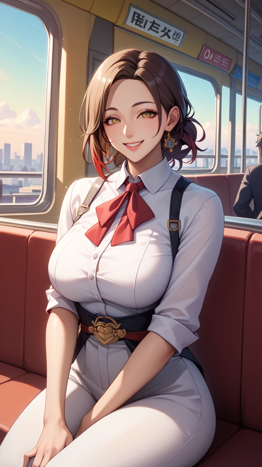  (Highest quality, 8K, 4K, High resolution, masterpiece:1.2), Very detailed, Anime Style:0.9, Realistic, Bright colors, Written boundary depth, Blurred Background,  alone, 1 female, (Red Hair, Short Bob, Cut straight、Straight bangs, Dark brown eyes), Beautiful facial details, Beautiful Eyes, Long eyelashes, Soft lips, (Small face), (smile:1.3), Rear View,  ((uniform:1.2,  )), train, (Sit with your legs apart), Lace Underwear, Big cleavage, Expressions of ecstasy, Sweat, Blushing, My body is soaked, Wet Panties, 
