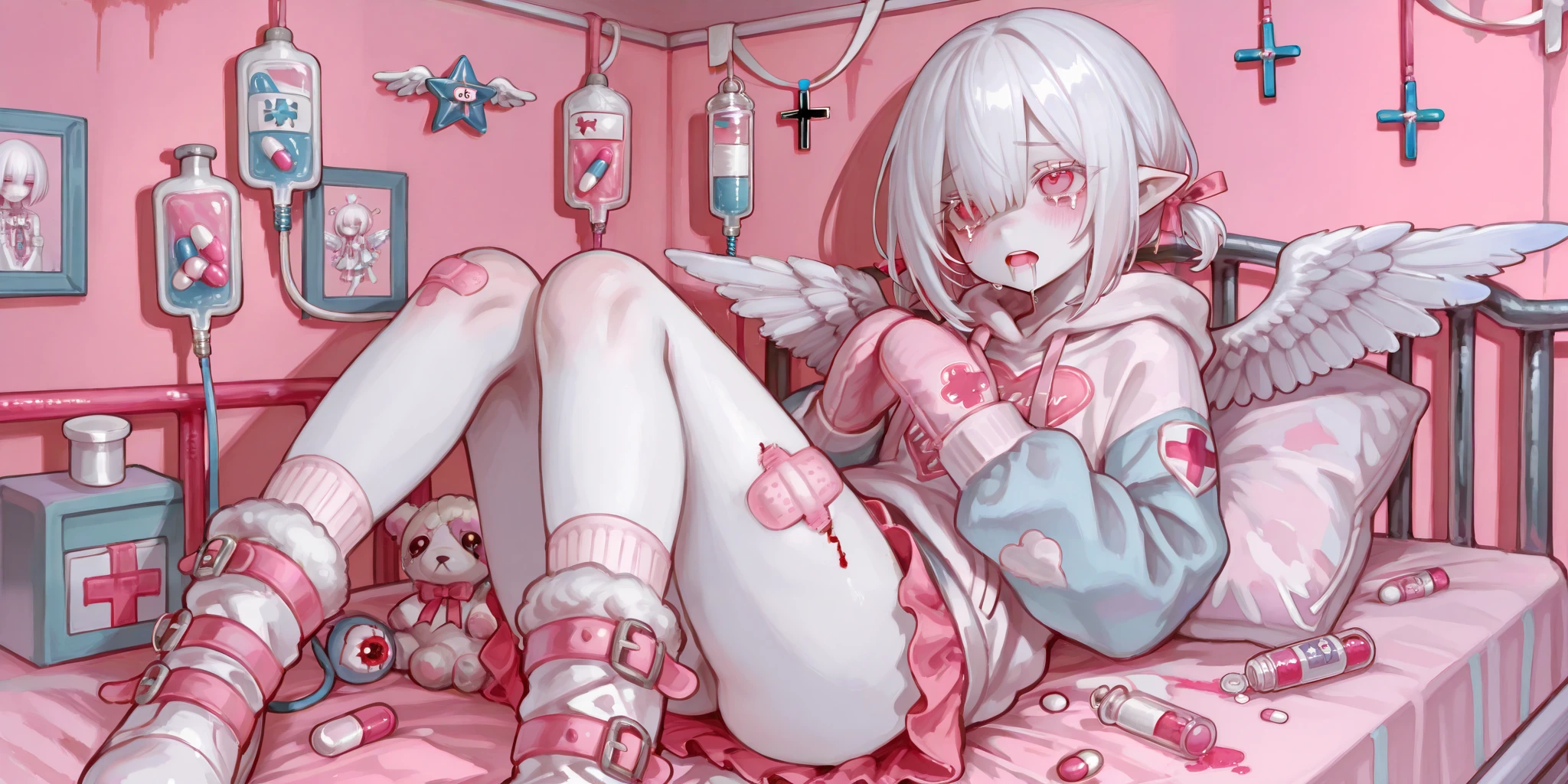 The girl is albino, she has white skin and slightly pointed ears, her eyes are navi blue , and her eyelashes are white. She has short white hair short bob haircut and has small pigtails on the sides of her head. She is wearing a pastel pink/baby-blue/lilac oversized hoodie with long sleeves, white wool mini skirt,pastel pink/baby-blue/lilac and white socks and leggings with a set of badges, white ugg boots,mittens,bandages on the thigh.  She belongs to the Yamikawaii subculture, so her outfit is decorated with small bandaged wounded angel wings, symbols of medical crosses, eyeballs, hearts, stars, pills,medical bottles, ampoules with medicines, IV drip with tubes ,models of teeth, band-aids, and toy syringes. On the background: a cute pastel pink/baby-blue/lilac medical ward with medical bed surrounded by plush pillows and open empty gift boxes, ribbons hang from the ceiling. she lies on the bed, drooling and crying.