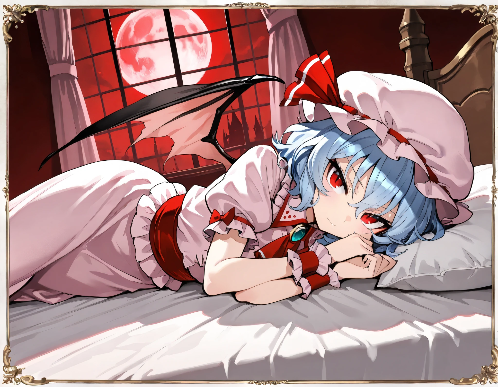(best quality, highest quality:1.2), masterpiece, top quality, ultra high definition, rich contrasts, HD, 8k, High Definition CG Unit Wallpaper, texture, Unbelievably Absurd, ultra high definition, RAW photos, Deep border:1.2, very detailed,
1girl, solo, Diabolical, newest, highres, absurdres, highly detailed, best quality, lying, bed room,
Anime Girls, blue hair, dress, frills, hat, hat ribbon, mob cap, pink dress, puffy sleeves, red ascot, red eyes, red sash, remilia scarlet, ribbon, sash, short hair, short sleeves, white dress, wings, wrist cuffs,
red full moon, night sky, night, red moonlight, red curtain, window, indoor,
