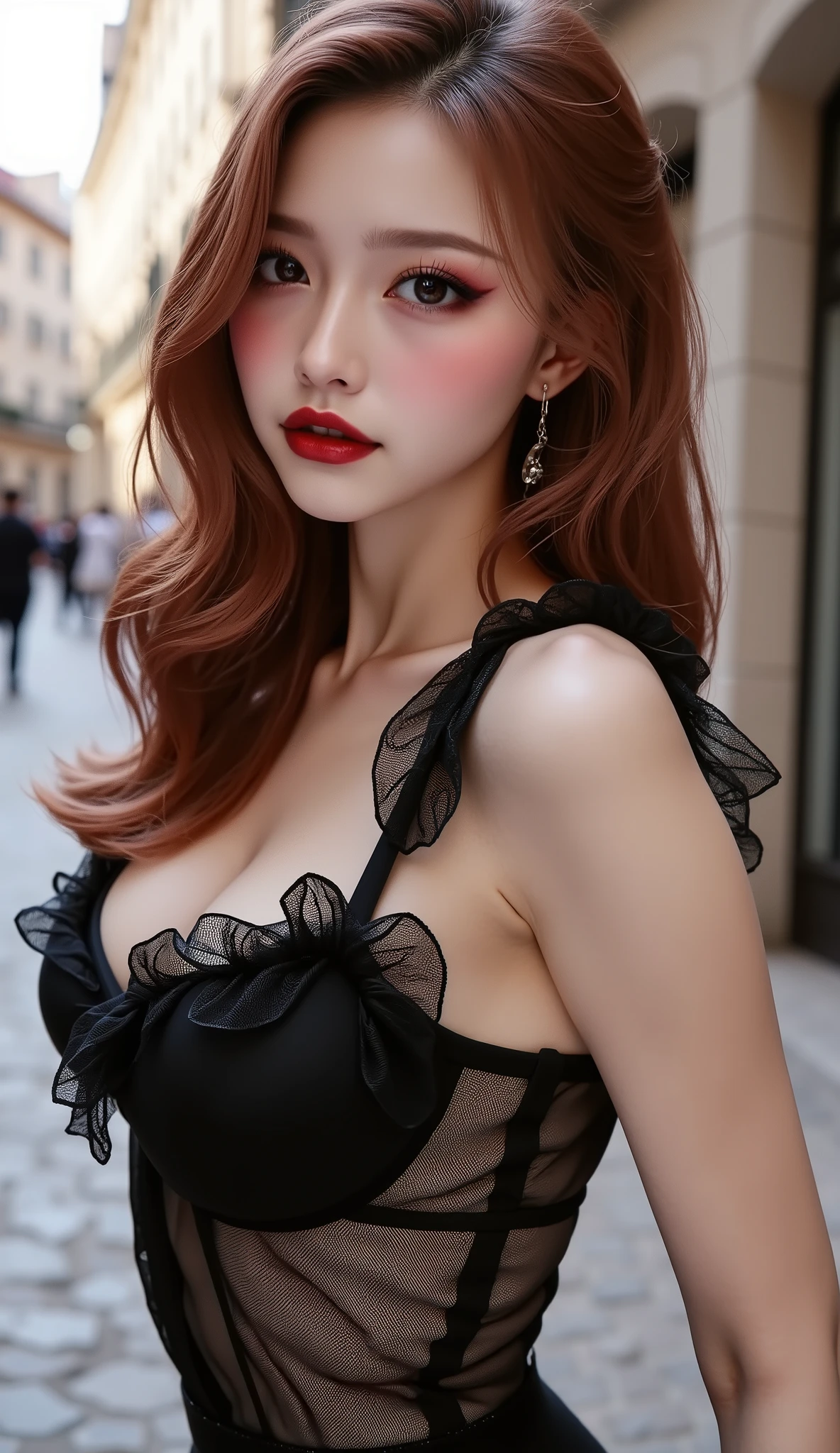 "Create a high-quality image featuring a woman with red hair, fair skin, and impeccable red lipstick application, embodying an elegant and sensual aesthetic. The lighting should be skillfully arranged to play with light and shadow, enhancing her facial features and providing a glamorous atmosphere. The woman should be dressed in a high-fashion piece, such as a long red dress with refined visual details like lace or embroidery, captured by the camera with precision. The depth of field should be carefully adjusted to emphasize the protagonist, while the blurred background adds an artistic touch to the composition. Utilize camera effects like soft bokeh and a carefully chosen color palette to craft a visually stunning and captivating image."