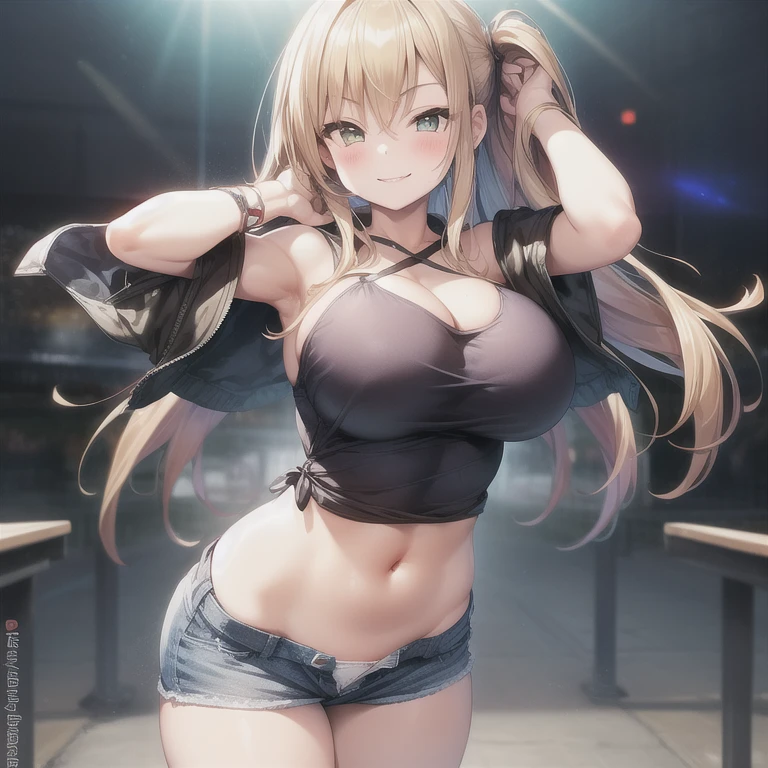 1girl, (blue eyes), (smile :1.2), (Sana Minatozaki), wide hips, Big tits, big ass, (Best Quality, 8k, Masterpiece: 1.3), Clear Focus: 1.2, Perfect Body Beauty: 1.4, Highly detailed face and skin texture, detailed eyes, double eyelids, (blond long hair :1.2), (underboobs :1.3), (black minishorts :1.2), standing, dynamic pose, in a dark alley of a city at night, alley at night