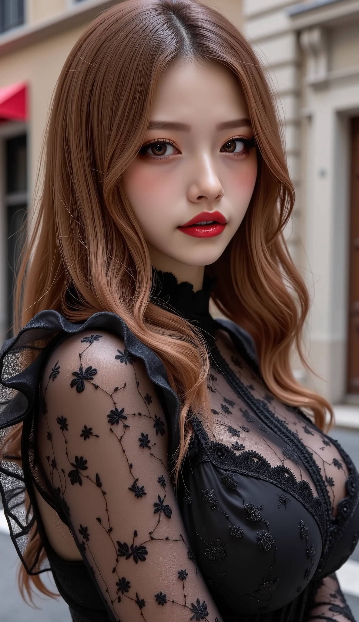  [Style: - "8k, masterpiece, realistic, Photorealistic realism, Hyper high resolution" - "highest quality, intricate ultra-detailed digital art"] (Key Directive: - "The priority is the anatomical accuracy and texture of the materials" - "Ultra-sharp human eyes with biological accuracy") {Character: "a beautiful girl, [Rosé from blackpink((firm and full breasts))]" | Face: "full lips, red lipstick, intense gaze" | Eyes: - "((sharp focus, no blurry eyes, Hyper absurd quality, Hyper details, Hyper realistic brown eyes:1.4))" - "((extra narrow eyebrows))" - "(Carefully draw Long blue_mascara:1.2)" - "(perfect round eyes)" | Hair: "long hair, red hair, curls at the ends of the hair, hair above one eye,((long combed to the side))" | Pose: "elegant pose" Outfit: [Top: "modest PVC BDSM  erotic ta costume, ((see-thru PVC:1.3))" | lace: "((Rose flower))" | ((Boots: "Black Long(laced))"] Environment: "street, European Buildings" Lighting: "studio lighting, monochromatic, striking contrast, dramatic shadows" (Rendering engine: "Unreal Engine 5 path tracing, 16K texture maps") | The ultra-Highres,Unreal 5,Subsurface scattering,PBR Texturing,Post-Processing,Anisotropic Filtering,depth of fields,Maximum Sharpness and Sharpness,multi-layered texture,Albedo and Specular maps,Surface Shading,Precise simulation of light-material interactions,perfectly proportions,Octane rendering,Two-tone illumination,Wide Aperture, low ISO, white balance, The rule of thirds