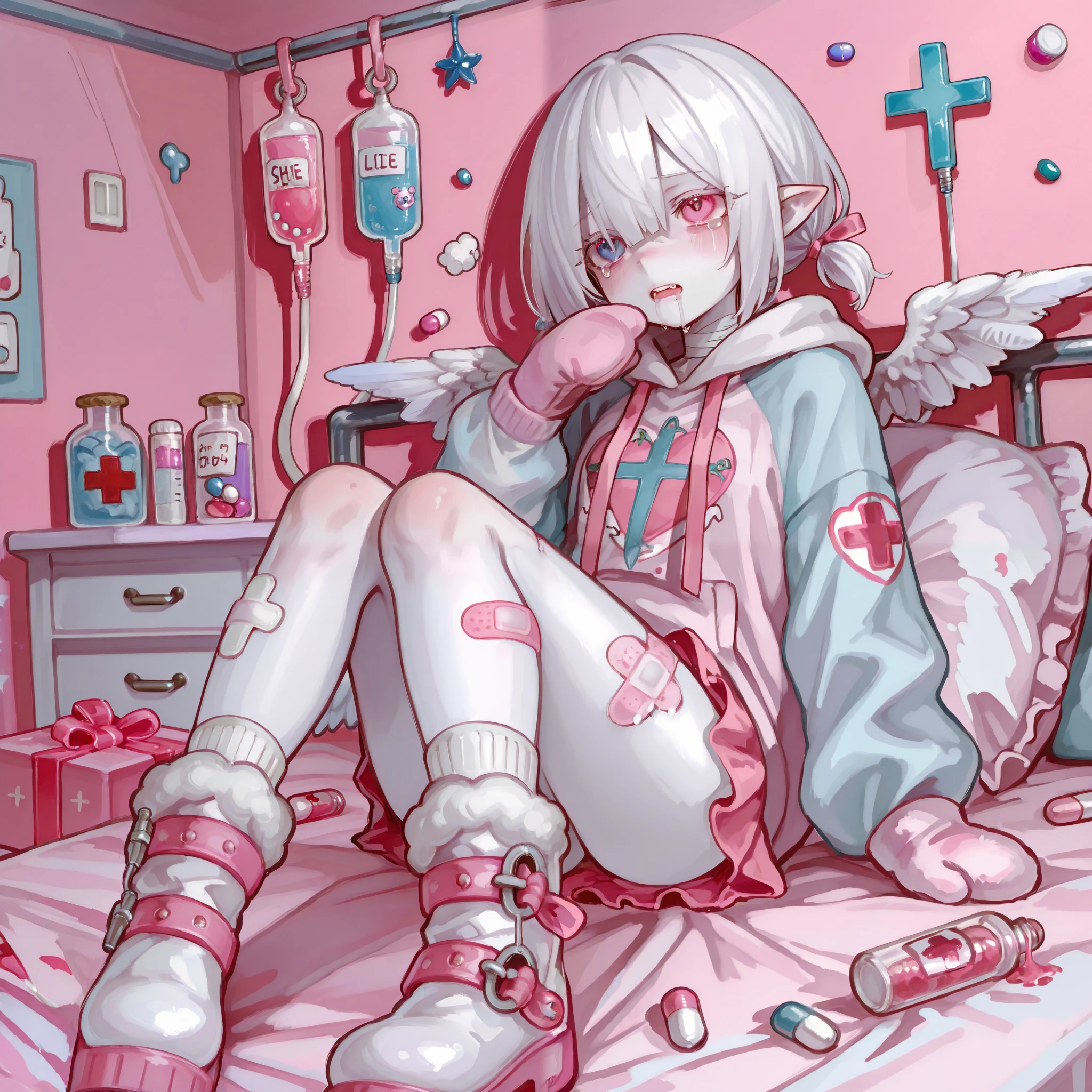 The girl is albino, she has white skin and slightly pointed ears, her eyes are navi blue , and her eyelashes are white. She has short white hair short bob haircut and has small pigtails on the sides of her head. She is wearing a pastel pink/baby-blue/lilac oversized hoodie with long sleeves, white wool mini skirt,pastel pink/baby-blue/lilac and white socks and leggings with a set of badges, white ugg boots,mittens,bandages on the thigh. She belongs to the Yamikawaii subculture, so her outfit is decorated with small bandaged wounded angel wings, symbols of medical crosses, eyeballs, hearts, stars, pills,medical bottles, ampoules with medicines, IV drip with tubes ,models of teeth, band-aids, and toy syringes. On the background: a cute pastel pink/baby-blue/lilac medical ward with medical bed surrounded by plush pillows and open empty gift boxes, ribbons hang from the ceiling. she lies on the bed, drooling and crying.