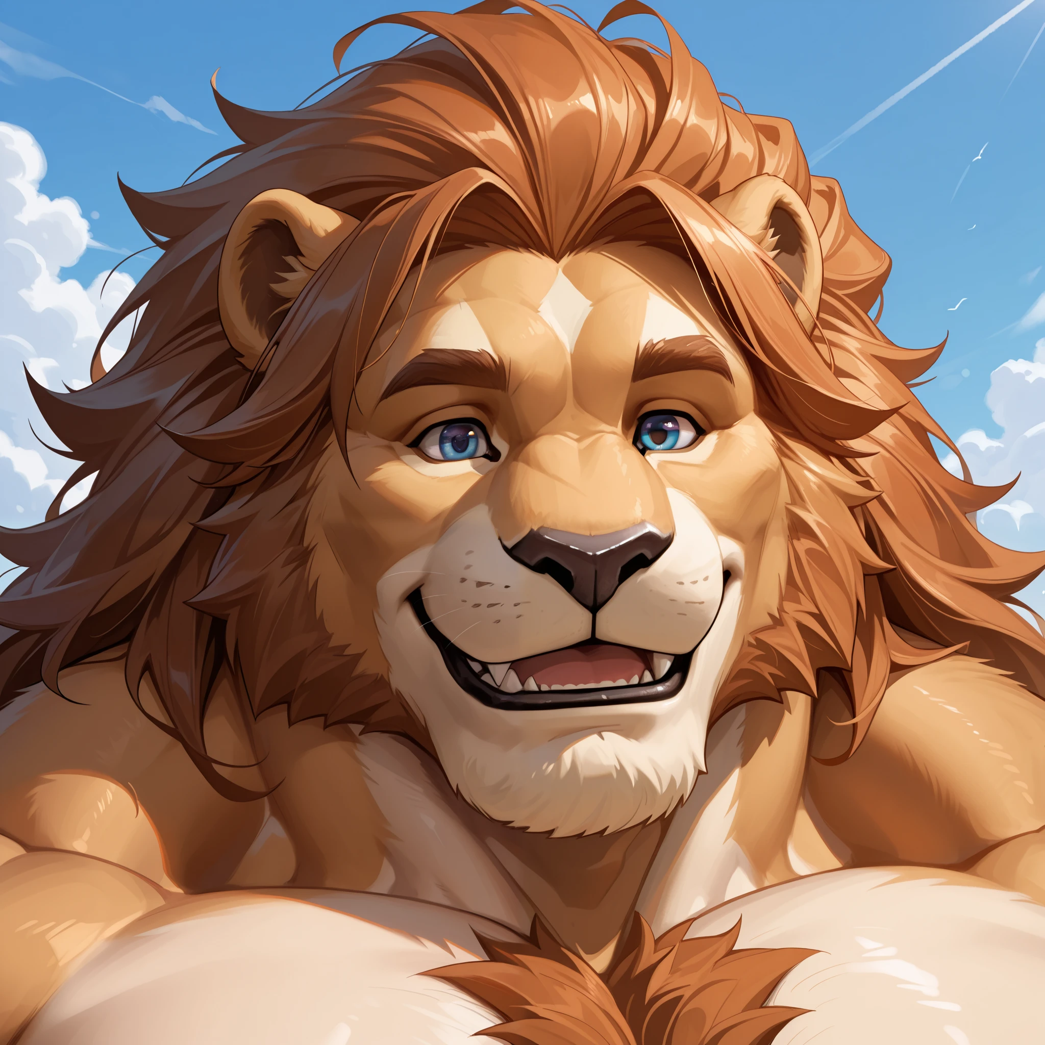 solo, 1man, huge muscular furry lion, wide smile, happy, face focus, detailed face, detailed eyes, wide shoulder, thick arms, wide pectoral, muscle, short hair:1.2, detailed eyes, focus eyes, shirtless, masterpiece, semirealistic:1.2, high detailed, 8k, high resolution