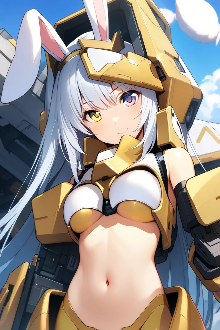 Smiling girl in a revealing yellow and orange see-through mechanical bikini with shiny wet skin,Gal-like ponytail,Fully transparent glass textured bikini armor,水色ライトの透明なMechanical Armor,（Highest quality）,（8k）,Mechanical Armor,Show all,（Thinly visible genitals）,Accentuated breasts,Mechanical firearms equipment,Eyebrows rise,Bullish expression,Blonde,Don&#39;t blush,Laugh with your mouth closed,Standing on a white floor,White background,（Show the whole body）,View your viewers