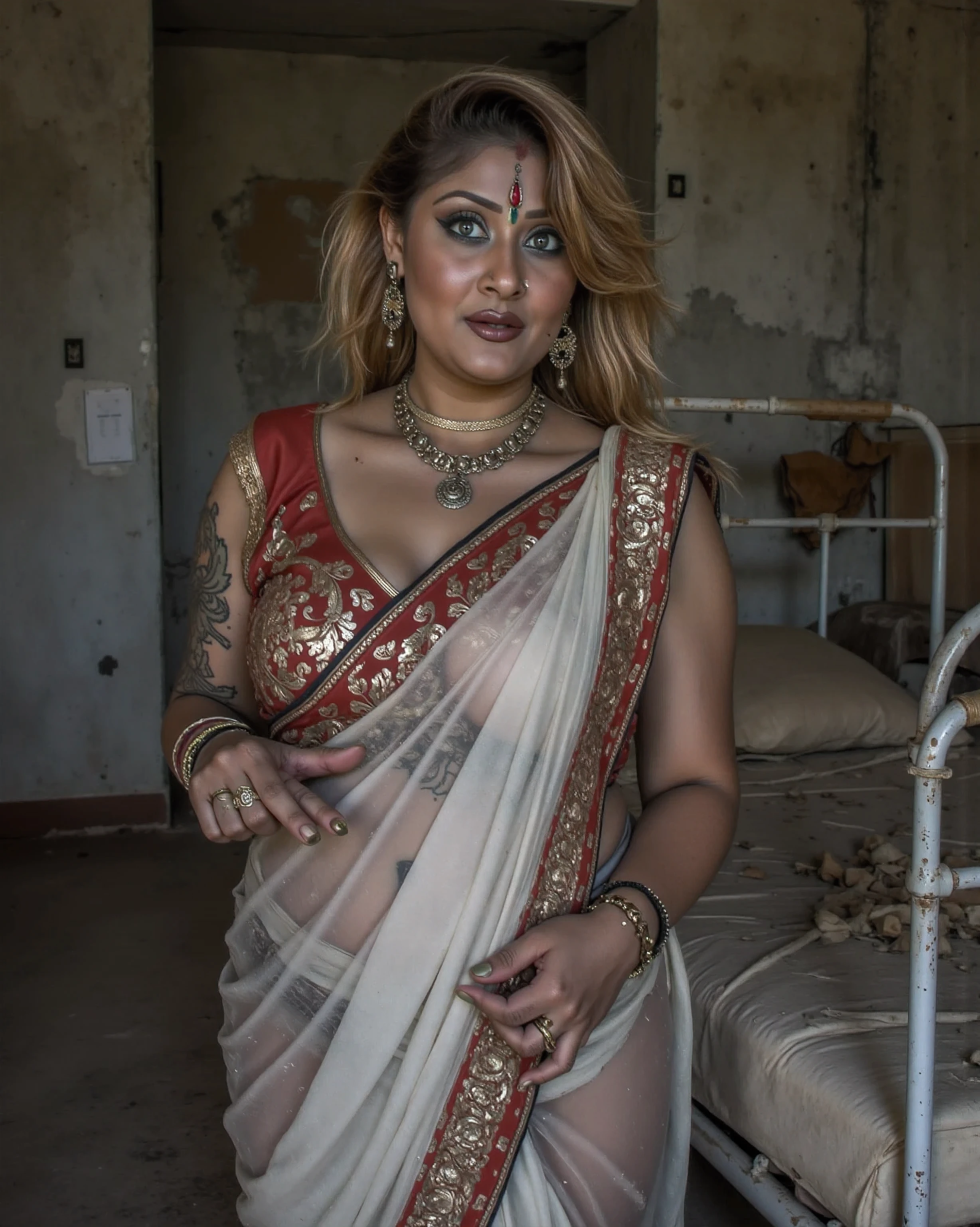 This will be a photo of a homeless indian woman with stained clothes in an abandoned medieval brothel . 35 Year old Indian Mature lady, plump body, hourglass body figure, a mix of expression including smile, pain, orgasm, sleep on face with mouth slightly open. She has massive breasts with a deeper cleavage, her thighs are exposed, wet skin and hair, hindu tattoo all over her body, blond hair, long straight hair,(front button blouse and saree, bare lower body, torn, middle chest torn dress, no panties, breasts exposed), open (perfect body), hairs messed up, sweaty skin, nipple leak spot , high definition sysie details. She is standing next to a dirty bed with stained sheet in an abandoned medieval brothel stained clothes on the floor, garbage, a few used bras on the bed, bandages, posts, rusty pipes, Wall tubes, Grey and dark walls, Empty boxes, graffitti on the wall, Paint on damaged walls, Metal and rusty scrap, mechenical parts (Rusty, brown) Wear dirty and stained indian blouse and ultra thin stained saree:1.5), photography, sharpness, unique 850 4, koda850 k portrait camera, f6.0 lens, rich color, hyper realistic texture, spectacular light texture, surreal art,