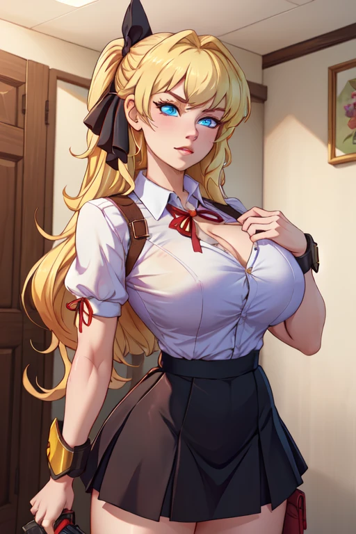 score_9, score_8_up, score_7_up, BREAK, 1girl, solo, big breasts, breasts, lips, enoshima junko, twintails, bear hair ornament, , black shirt, white necktie, red bow, sleeves rolled up, skirt, choker, cleavage, indoors, classroom, hands on own hips,