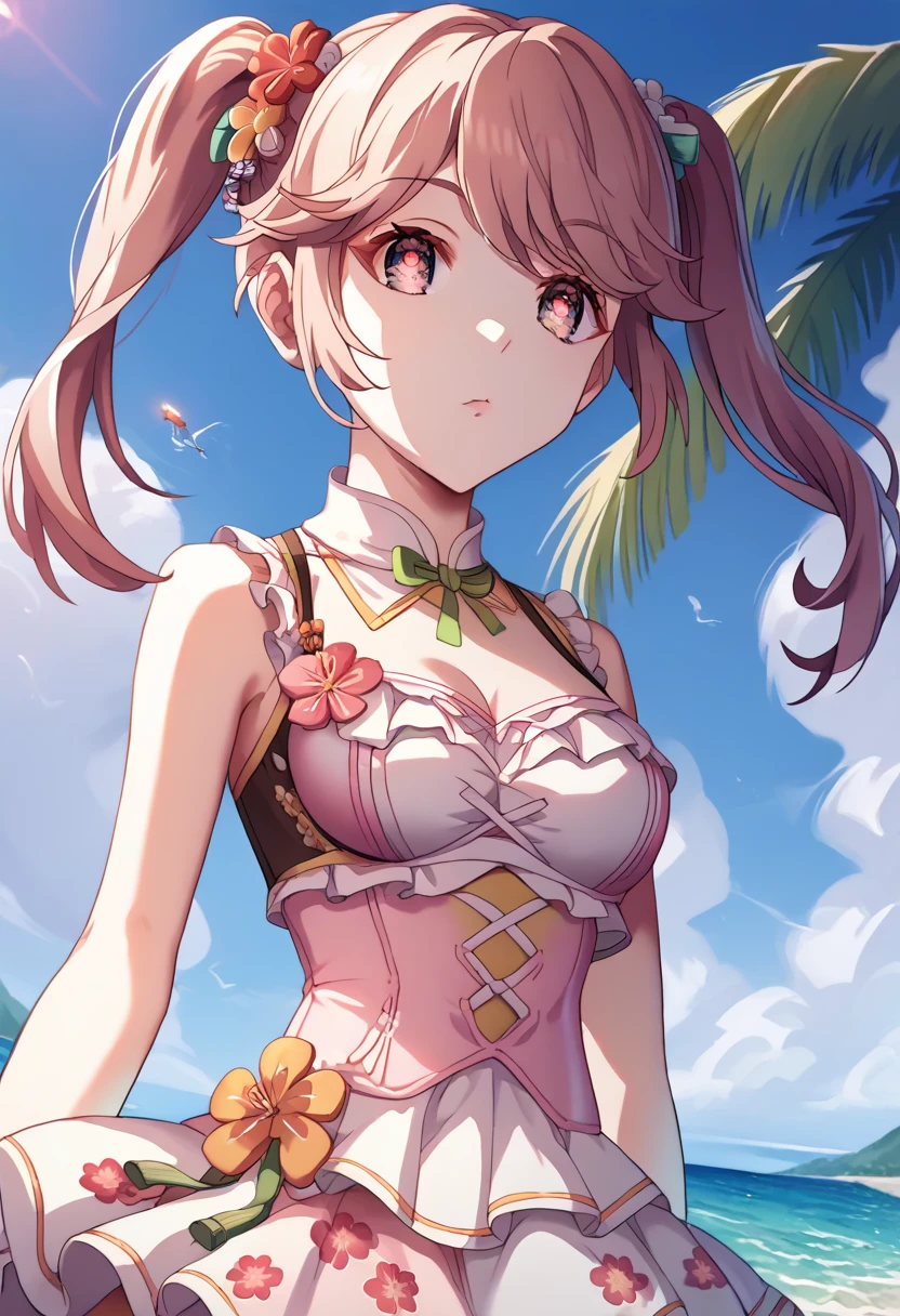 (masterpiece, best quality), best quality, (ultra-detailed), (3heads:1.5), 1girl, (nishida satono:1.3), masterpiece, best quality, pink top, crop top, ((stomach)), midriff, ((groin)), pink skirt, normal ears, shackles, pink hair, very long hair, wavy hair, sidelocks, green eyes, parted lips, single horn, sweat, cute, toned belly, hand on own chest, eyelashes, (24 year old woman:1.3), (masterpiece:1.5), (best quality:1.5), (beautiful detailed extremely detailed CG, extremely delicate and beautiful, depth of field, (finely detailed face), (perfect details:1.2), (mature female:1.3), wide pelvis, slender, large veiny breast, 8k resolution, very high quality, very high definition, extremely detailed, masterpiece, pink hair, long hair, alluring presence, braid, short skirt, close up, big tits, young,