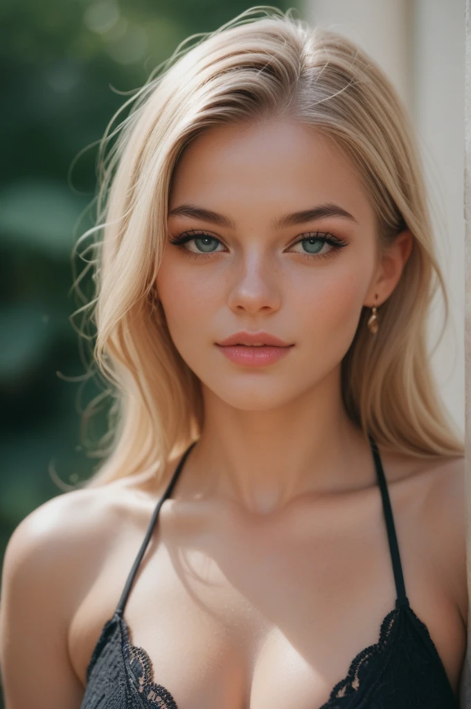 blonde woman, beautiful european features, Perfect eyes, slim, cara angelical, sensusl pose smiling, well defined skin, 8k, NIKON, defined depth, ultrarealism