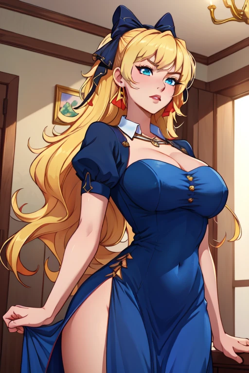 (( straight face picture )) ((best quality)), ((Masterpiece)), (details), Young woman , yellow hair , Dirt. , blue eyes ,Blue purple set, gold pattern , Magician , long hair, Tie your hair, red bow, The dress is very beautiful. ,long dress ,big breasts ,Big butt ,red background ,curtain ,candle,holding a watch necklace